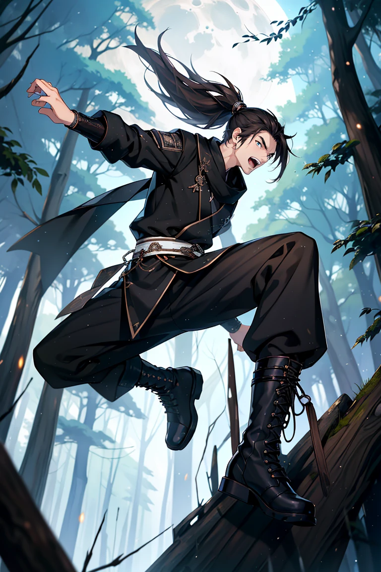 A teenager, Black Hanfu, jogging，horrified expression，Long black hair and high ponytail, Brown eyes，Black scarf，leather clothes，clothes details，Expression details，（jumpping），leap，natta，starrysky，rays of moonlight，at a forest，natta，boots，darkly，Best quality，16k,tmasterpiece，