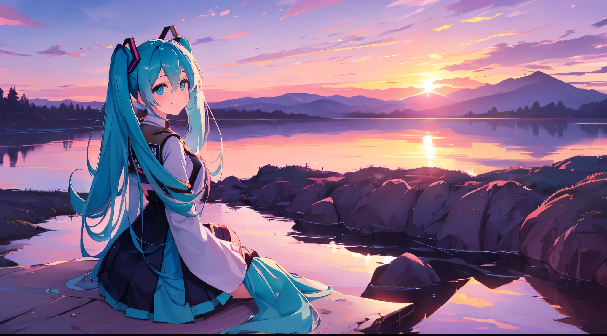 1 girl Hatsune Miku, ((higly detailed)) ,((clear beautiful face)), ((Cyan eyes)) stands on a hill and looks at the sunset with his back ,dressed in the uniform of a pioneer from the USSR ,her hands are folded behind her back as if she is waiting for something or someone ,the sky is purple pink and the sun is visible at sunset.She looks into the distance with a smile. Resolution 1920 by 1080 in 4k