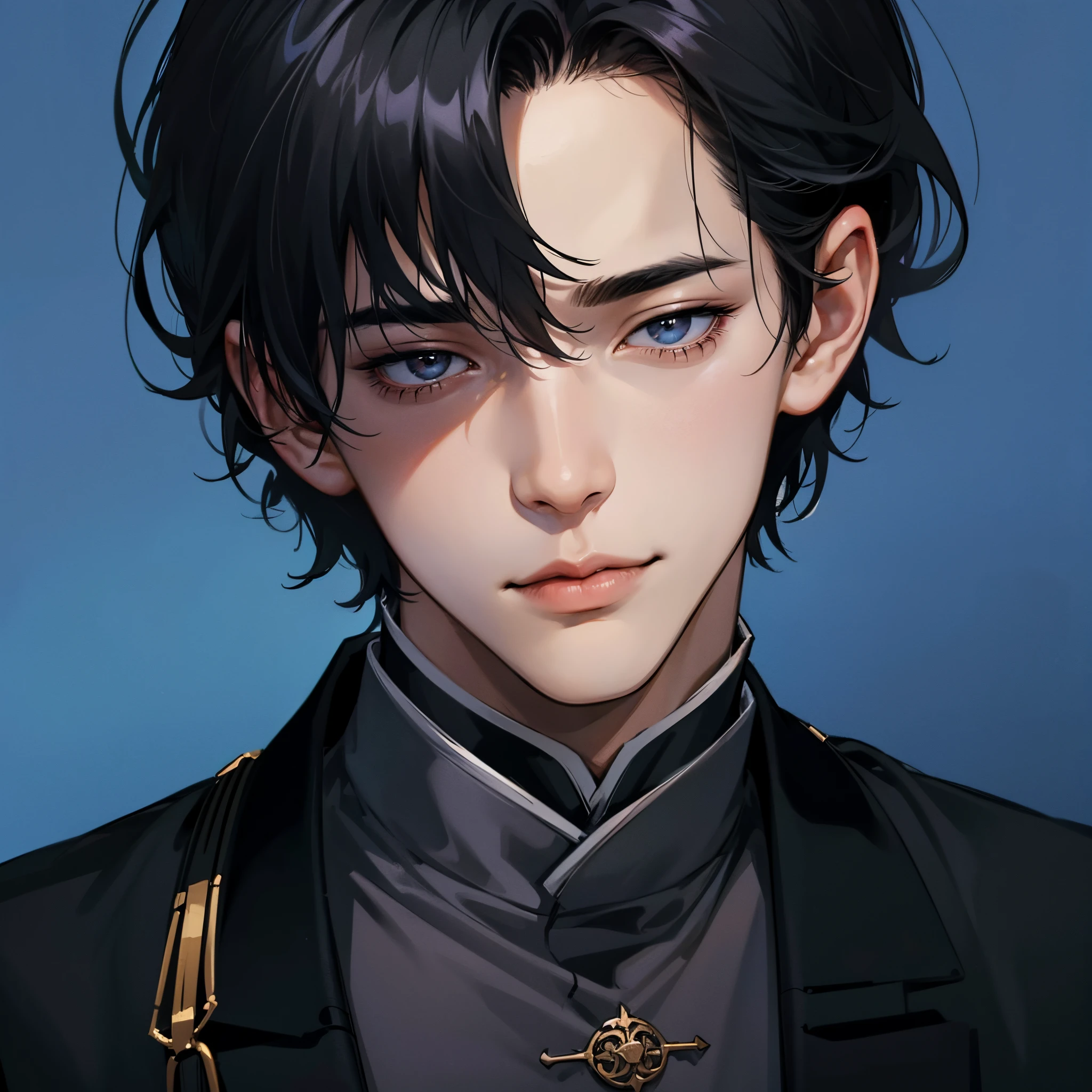A detailed eye,detailed black hair,detailed back ground,Black effect,Detailed drawing of handsome man,年轻,A cool,Short hair details,tics