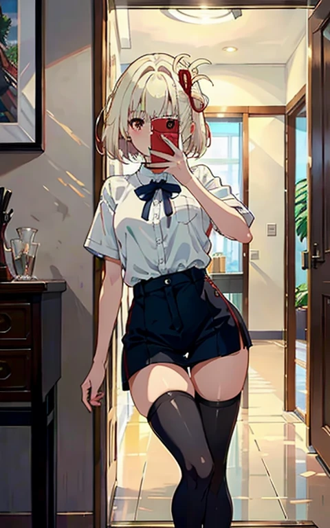 (top-quality)、​masterpiece、extremely delicate and beautiful、astonishing、finely detail、huge filesize、ultra-detailliert、hight resolution、absurderes、((perfect hand:1.2))、 Take a selfie with your phone in one hand、cover one's face、 1girl in、very slender legs、very slender legs、very slender legs、Long legs、very detailed legs、 [is standing|Sitting on a chair|sitting on|Butterflies sitting]、 [Stockings|pantyhose|thighs thighs thighs thighs|knee high]、 iphone、selfy、the pose、small hand、platinum-blonde,Medium Hair,Red-eyed,Senzoku Nishikiki,Lycoris Recoil，Black tights