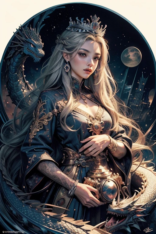 (masterpiece, top quality, best quality, official art, beautiful and aesthetic:1.2), (1maturedgirl), cute, extreme detailed, colorful, highest detailed, royal, crown, princess, sharp nose, adorable eyes, chinese dragon,