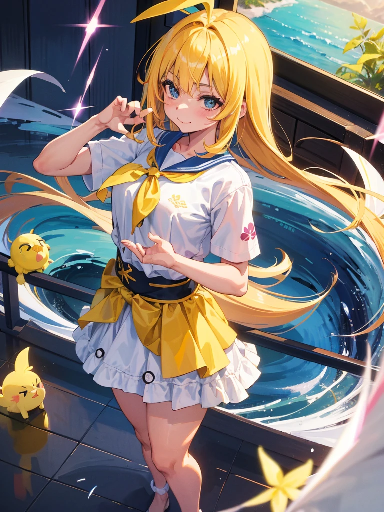 ((master part)), ((best quality)), (ultra-detalhado), ((kawaii)), fofo, (Lovely), ((sexy)), (Foi), ((extremamente detalhado)), 4k, (8k), best quality, (Beautiful), illustration, estilo anime, Pintura, Dynamic angle, corpo inteiro, colorido, gradation, foco de corpo inteiro, escola, na sala de aula, Noite, 夏天, uma bonito, 1girl, sozinho, Uniforme escolar, Cabelo amarelo bonito, Olhos amarelos bonitos, ((Olhos bonitos)), de pele branca, rabo-de-cavalo, mama grande, usando cueca, sorrir, Olhar triunfante, smug look, olhar auto-satisfeito, corar, efeito espumante, Reflexo da lente, brilhante-cintilante, Brilhando