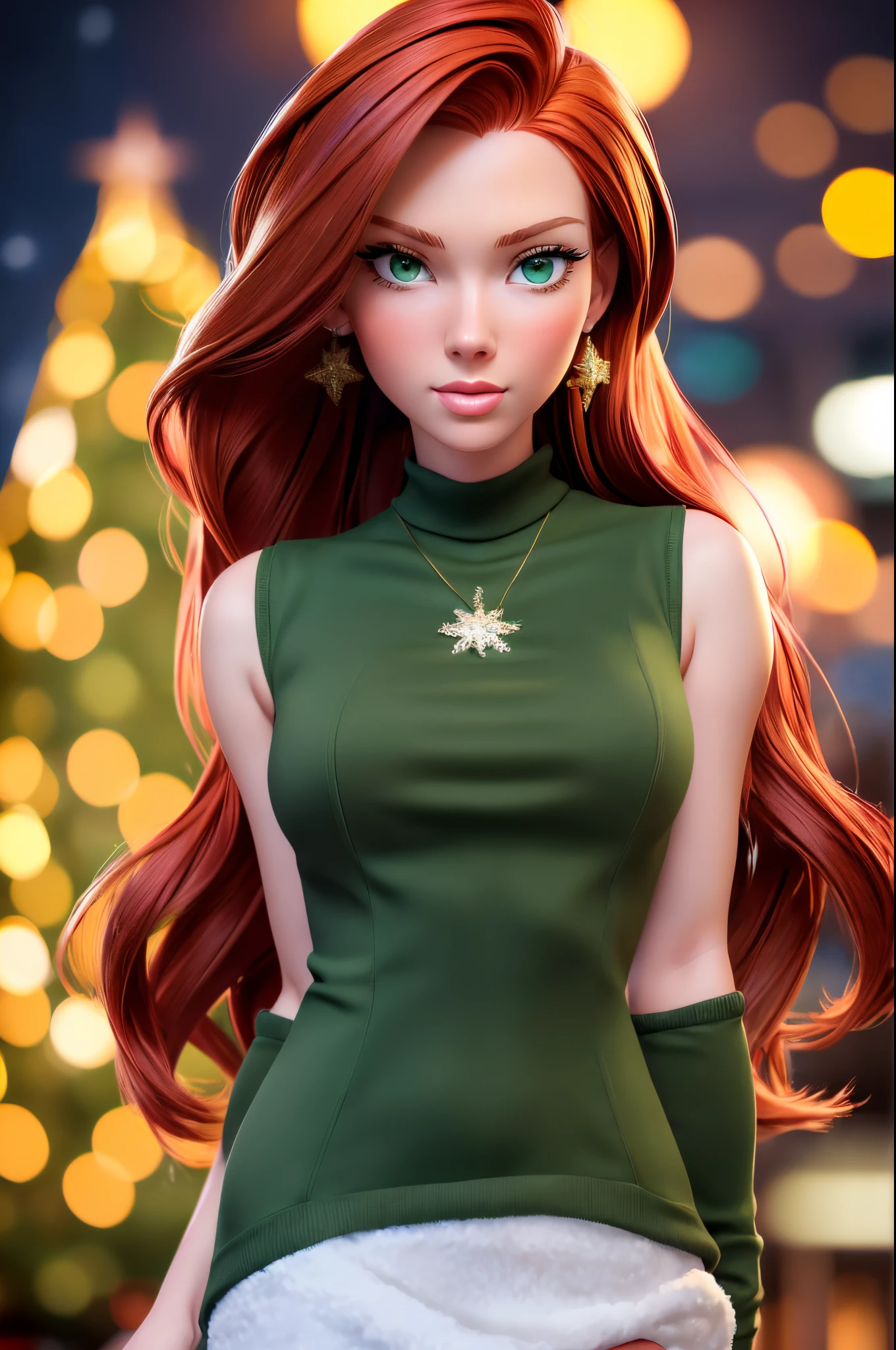 Tall, redhead, cute young American woman, full body, long slender torso, long arms, long legs, detailed face, detailed green eyes, detailed lips, detailed nose, cute American wintertime outfit, snowy, town center Christmas tree lighting, multicolored Christmas lights, (masterpiece, 8k, UHD, best quality:1.2, dynamic)