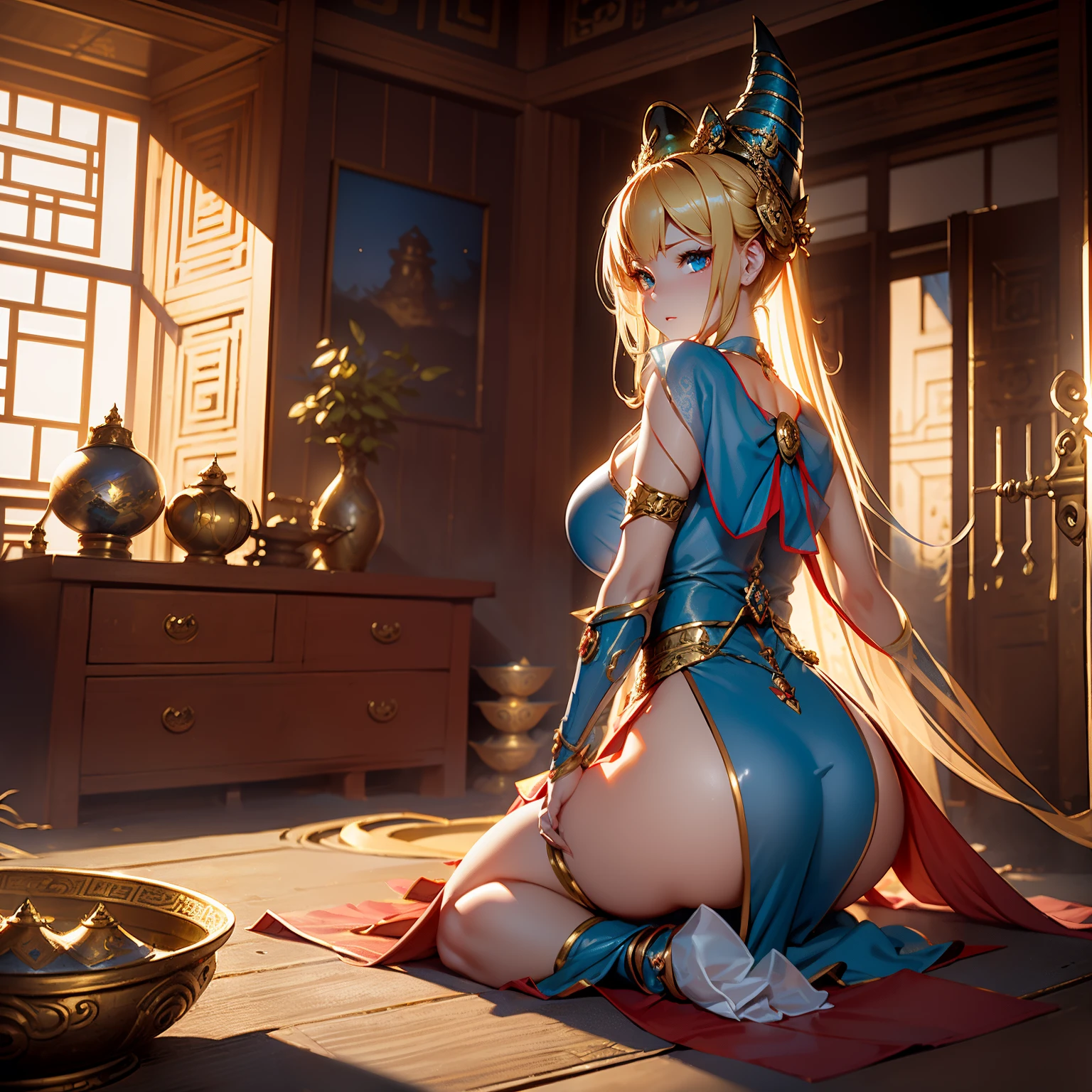 (tmasterpiece、Best quality at best、Complicated details、super extremist、ultra high temperature、A high resolution、The best shadow、The best lighting、4K) once was para bratslav: golden hut Beautiful blonde, longevity, undying beauty, Excellent skills, in harmony with nature, aristocratic culture, ancient race, Fantasy work, rpg game, big breasts beautiful, ellegance, Dark wizard girl, Magical talent Hambras beuaty girl mistic mayfly transparent old clothes Ass see through Lie on the floor Emphasis on the buttocks beautiful sitting posture back to look back. dark magician girl en un paisaje chino