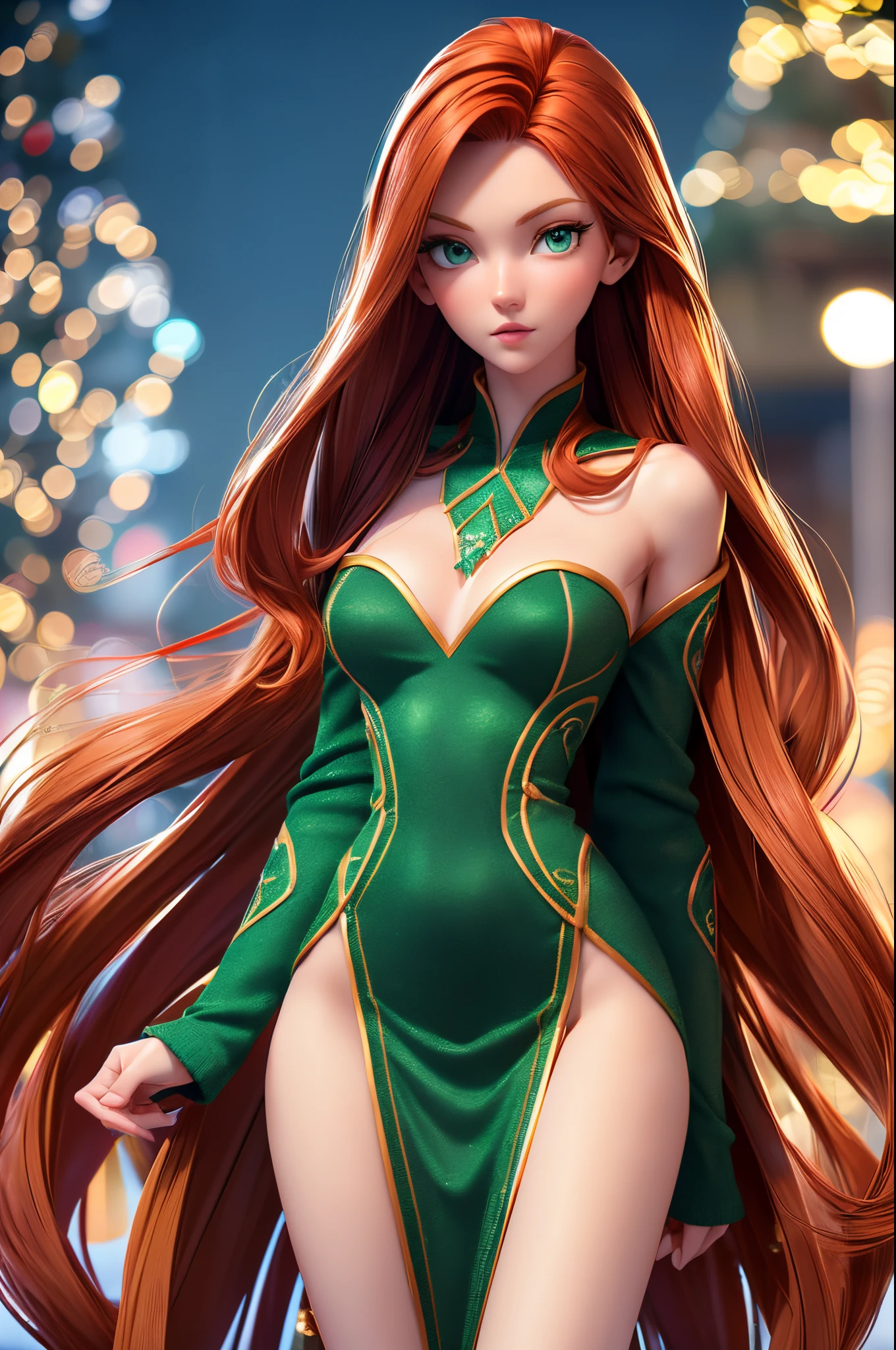 Tall, redhead, cute young woman, full body, long slender torso, long arms, long legs, detailed face, detailed green eyes, detailed lips, detailed nose, cute modern everyday wintertime outfit, snowy, town center Christmas tree lighting, multicolored Christmas lights, (masterpiece, 8k, UHD, best quality:1.2, dynamic)