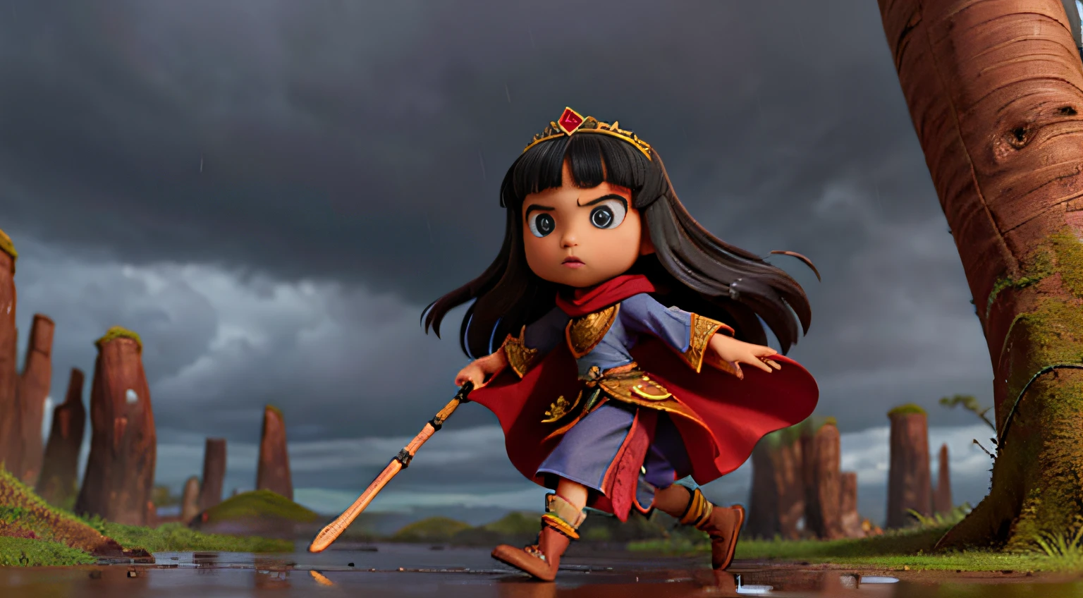 A southeast asian teen princess with long dark hair in a cloak. She is shielding running in the rain. She is in a petrified forest with dark cloudy skies. She has a worried expression. 4k quality. Wide shot. High definition. Anatomically correct eyes and face. Perfect face.