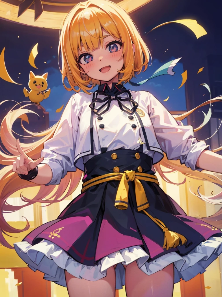 ((master part)), ((best quality)), (ultra-detalhado), ((kawaii)), fofo, (Lovely), ((sexy)), (Foi), ((extremamente detalhado)), 4k, (8k), best quality, (Beautiful), illustration, estilo anime, Pintura, Dynamic angle, corpo inteiro, colorido, gradation, foco de corpo inteiro, escola, na sala de aula, Noite, 夏天, uma bonito, 1girl, sozinho, Uniforme escolar, Cabelo amarelo bonito, Olhos amarelos bonitos, ((Olhos bonitos)), de pele branca, rabo-de-cavalo, mama grande, usando cueca, sorrir, Olhar triunfante, smug look, olhar auto-satisfeito, sorriso, corar, efeito espumante, Reflexo da lente, brilhante-cintilante, Brilhando