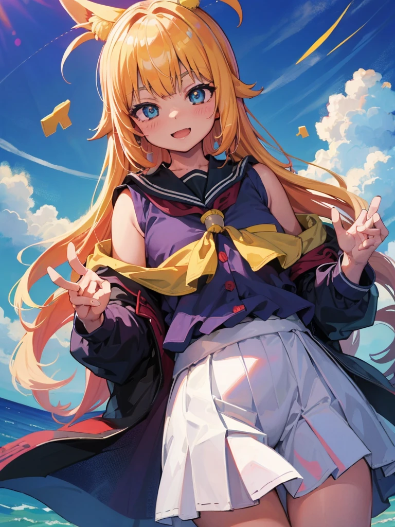 ((master part)), ((best quality)), (ultra-detalhado), ((kawaii)), fofo, (Lovely), ((sexy)), (Foi), ((extremamente detalhado)), 4k, (8k), best quality, (Beautiful), illustration, estilo anime, Pintura, Dynamic angle, corpo inteiro, colorido, gradation, foco de corpo inteiro, escola, na sala de aula, Noite, 夏天, uma bonito, 1girl, sozinho, Uniforme escolar, Cabelo amarelo bonito, Olhos amarelos bonitos, ((Olhos bonitos)), de pele branca, rabo-de-cavalo, mama grande, usando cueca, sorrir, Olhar triunfante, smug look, olhar auto-satisfeito, sorriso, corar, efeito espumante, Reflexo da lente, brilhante-cintilante, Brilhando