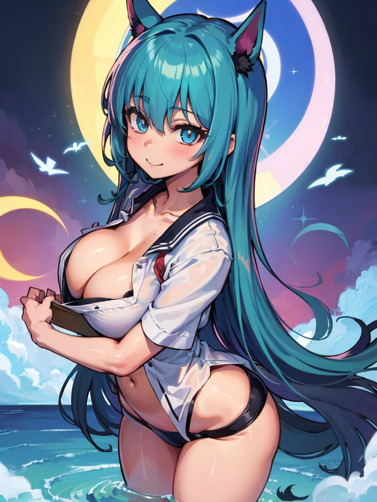 ((master part)), ((best quality)), (ultra-detalhado), ((kawaii)), fofo, (Lovely), ((sexy)), (Foi), ((extremamente detalhado)), 4k, (8k), best quality, (Beautiful), illustration, estilo anime, Pintura, Dynamic angle, corpo inteiro, colorido, gradation, foco de corpo inteiro, escola, na sala de aula, Noite, 夏天, uma bonito, 1girl, sozinho, Uniforme escolar, Cabelo amarelo bonito, Olhos amarelos bonitos, ((Olhos bonitos)), de pele branca, rabo-de-cavalo, mama grande, usando cueca, sorrir, Olhar triunfante, smug look, olhar auto-satisfeito, sorriso, corar, efeito espumante, Reflexo da lente, brilhante-cintilante, Brilhando