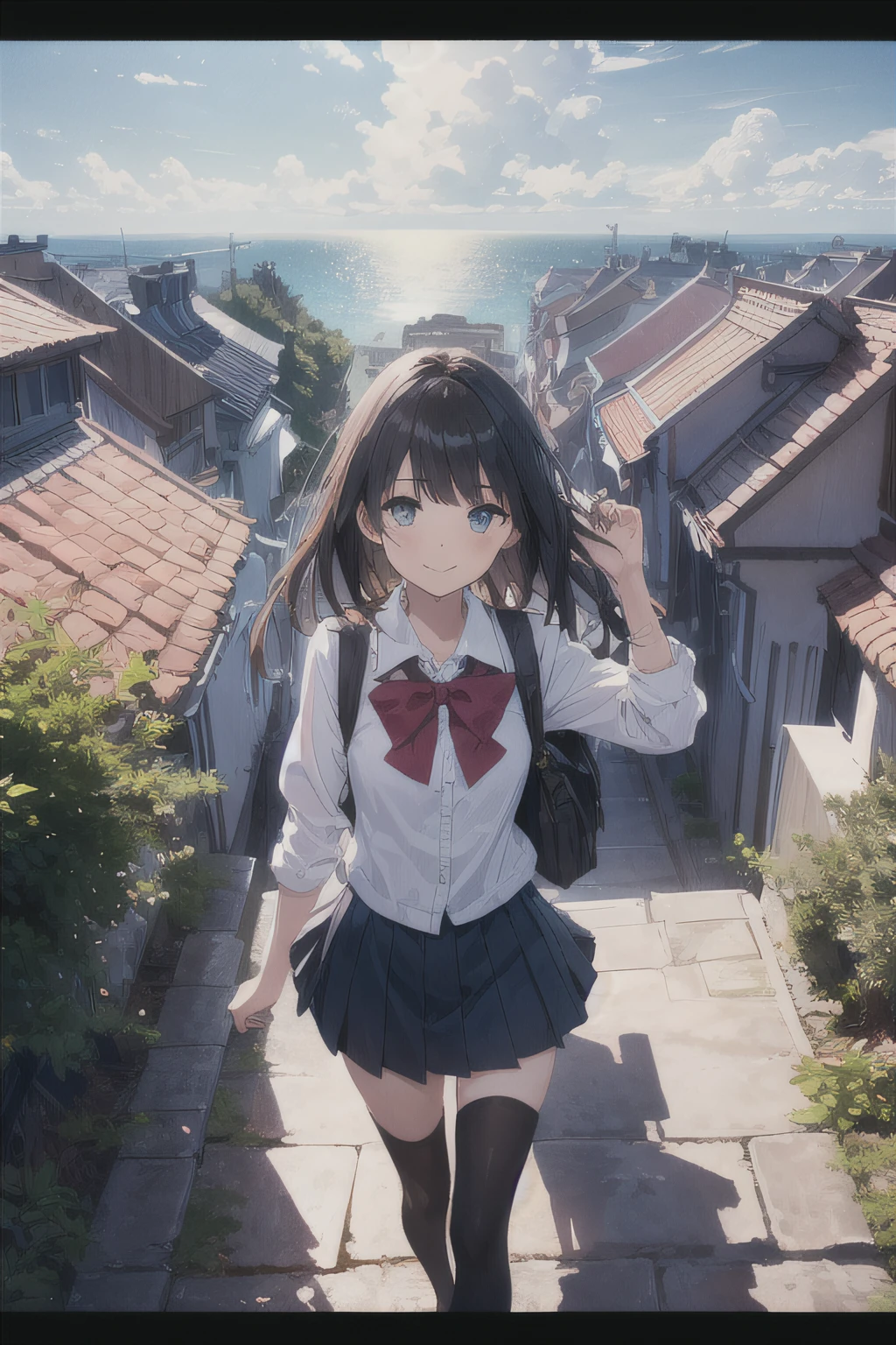 one girl in school uniform picking up a grey cat from the ground, alleyway, sunset