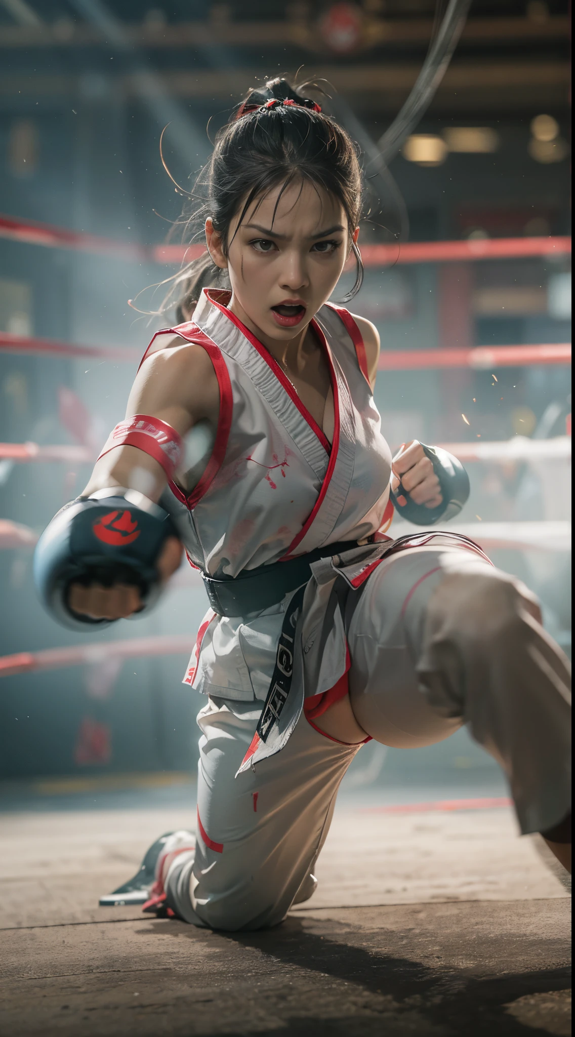 8k, best quality, highres, realistic, real person, A female martial artist in a fighting tournament, exhibiting a fierce, determined expression as she delivers a powerful kick. The scene captures the intensity and focus of the fighter, showcasing her athletic prowess and combat skills in a dynamic and action-packed moment.