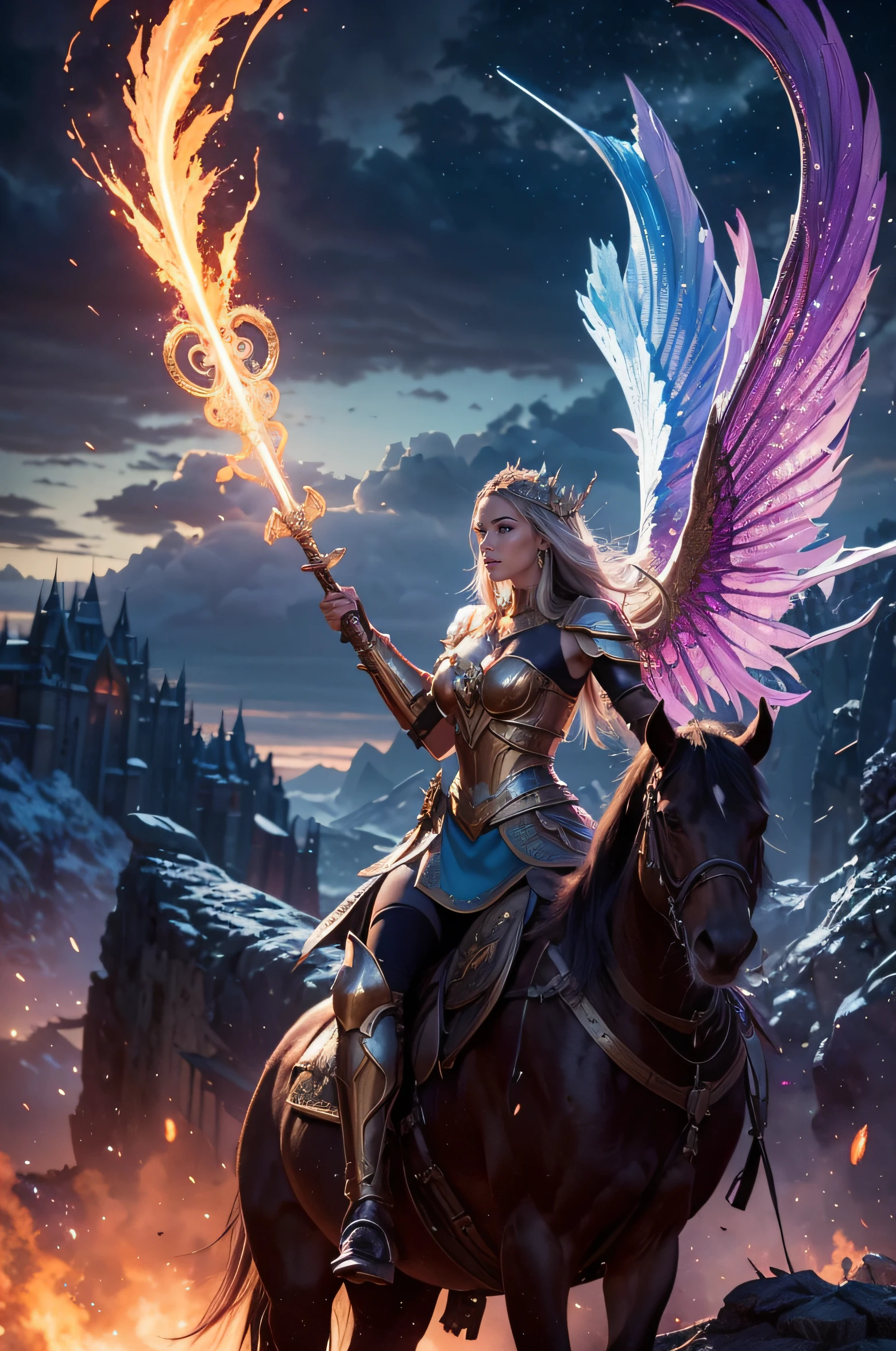 beautiful lighting, vibrant colors, magical atmosphere, ethereal landscapes, majestic architecture, mythical creatures, intense battle scenes, dramatic skies, intricate armor designs, dramatic poses, dynamic action, mythical weapons, warrior queen, divine power, mystical runes, divine light, epic storytelling
