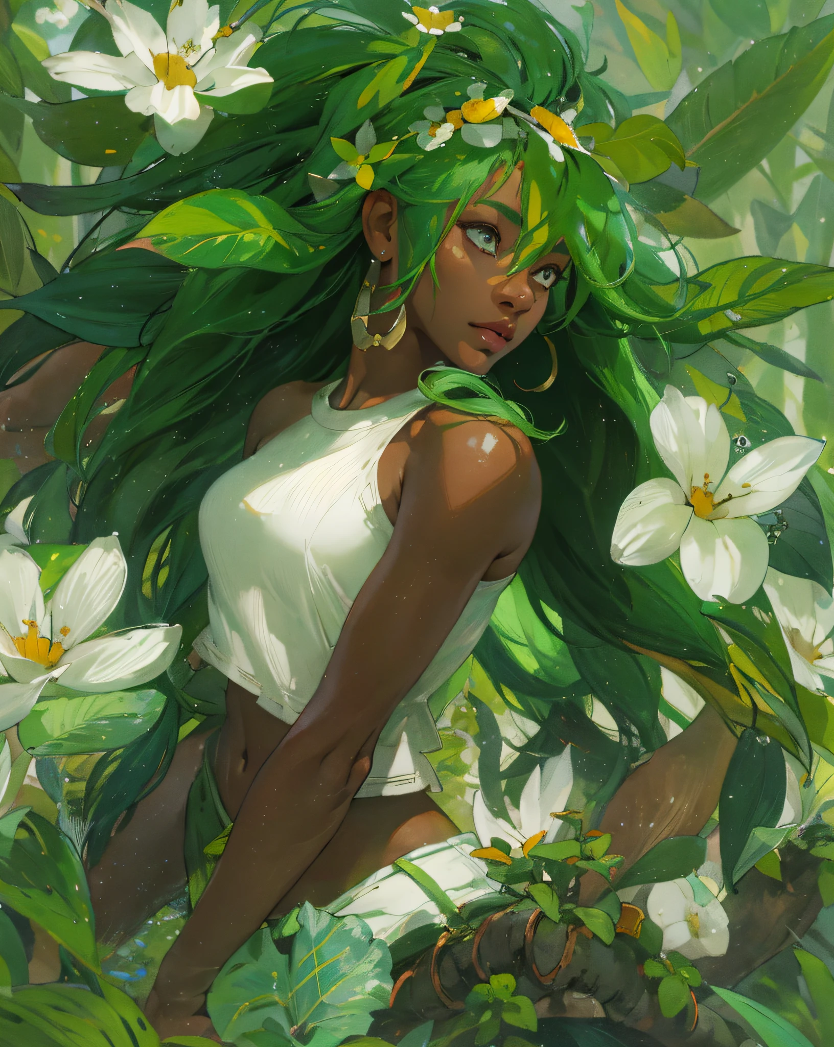 Amalia, wakfu, dofus, game, sadida, dark skin female, 1 girl, long green hair, a plant woman, white top and green shorts, a white flower in her hair, white background, (best quality,4k,8k,highres,masterpiece:1.2), ultra-detailed, (realistic,photorealistic,photo-realistic:1.37), portraits, vivid colors, studio lighting