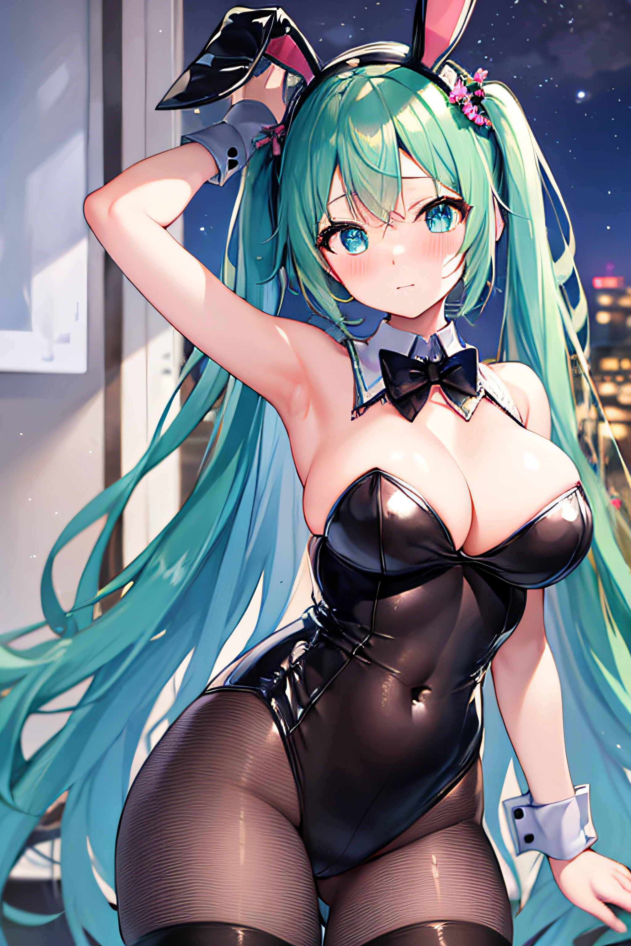 masterpiece、Top image quality、超A high resolution、miku hatsune、blue hairs、Twin-tailed、Blushing、Cute and shy、Bunny Girl Costume、Wearing a rabbit ear headgear、large firm breasts、well-shaped breasts、Black tights、Night