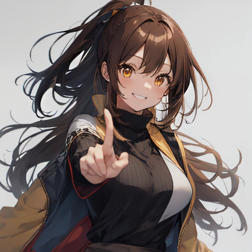 【Highest Quality, masutepiece】 [girl, Manteau, expressioness,deep orange eyes, front facing,dark brown hair,long ponytail hair,yellow knit cloth, Upper body] (Gray white background:1.2),very happy smile,boobs,