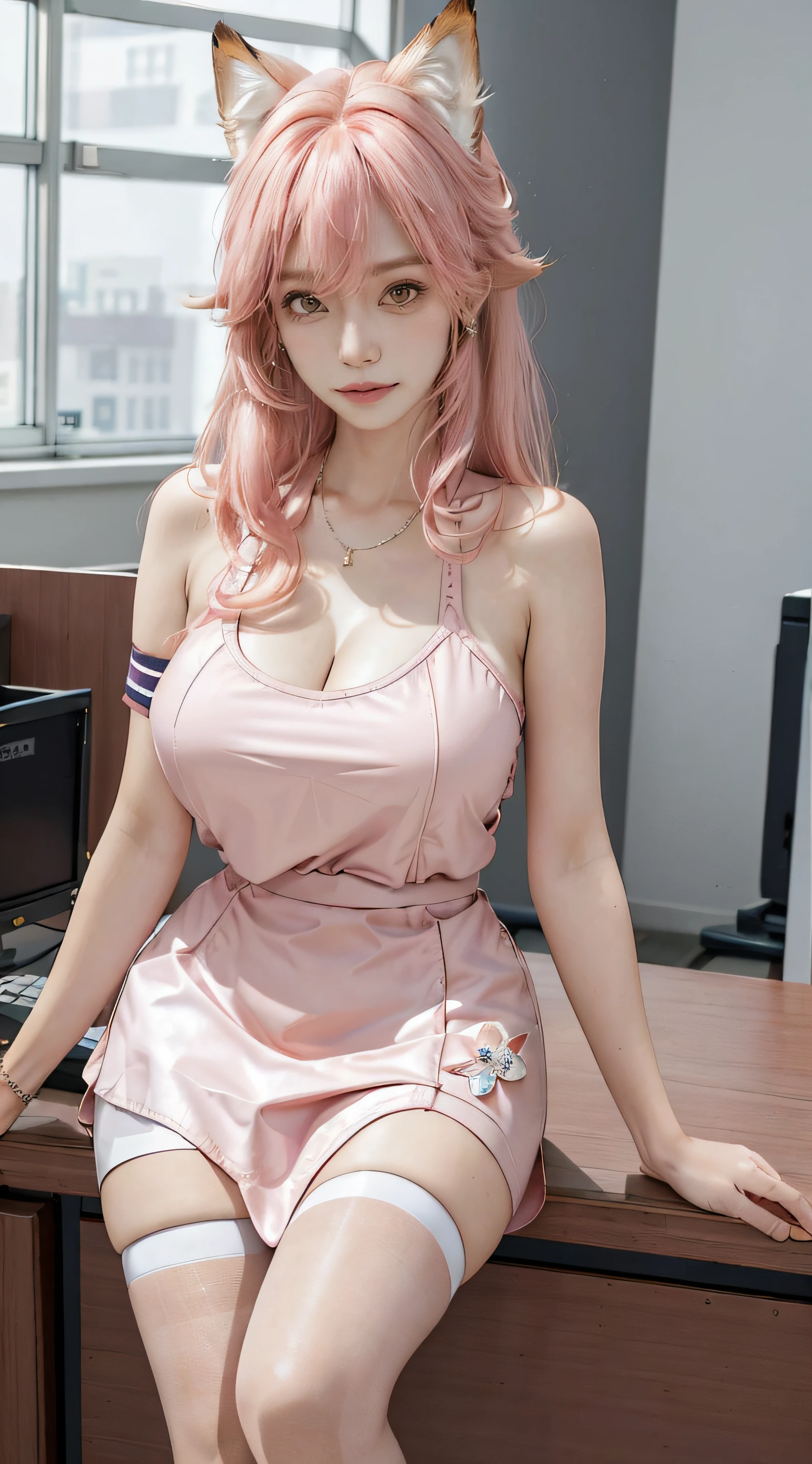 ((tmasterpiece, Best quality)), (1 beautiful woman with good figure),((A mature woman)), light pink colored hair, The halo, fox ear, ((Female office workers )),through bangs,middlebreast,,slim toned body ,Office room,Eternal, Sam,girl in shrine \(genshin impact\),