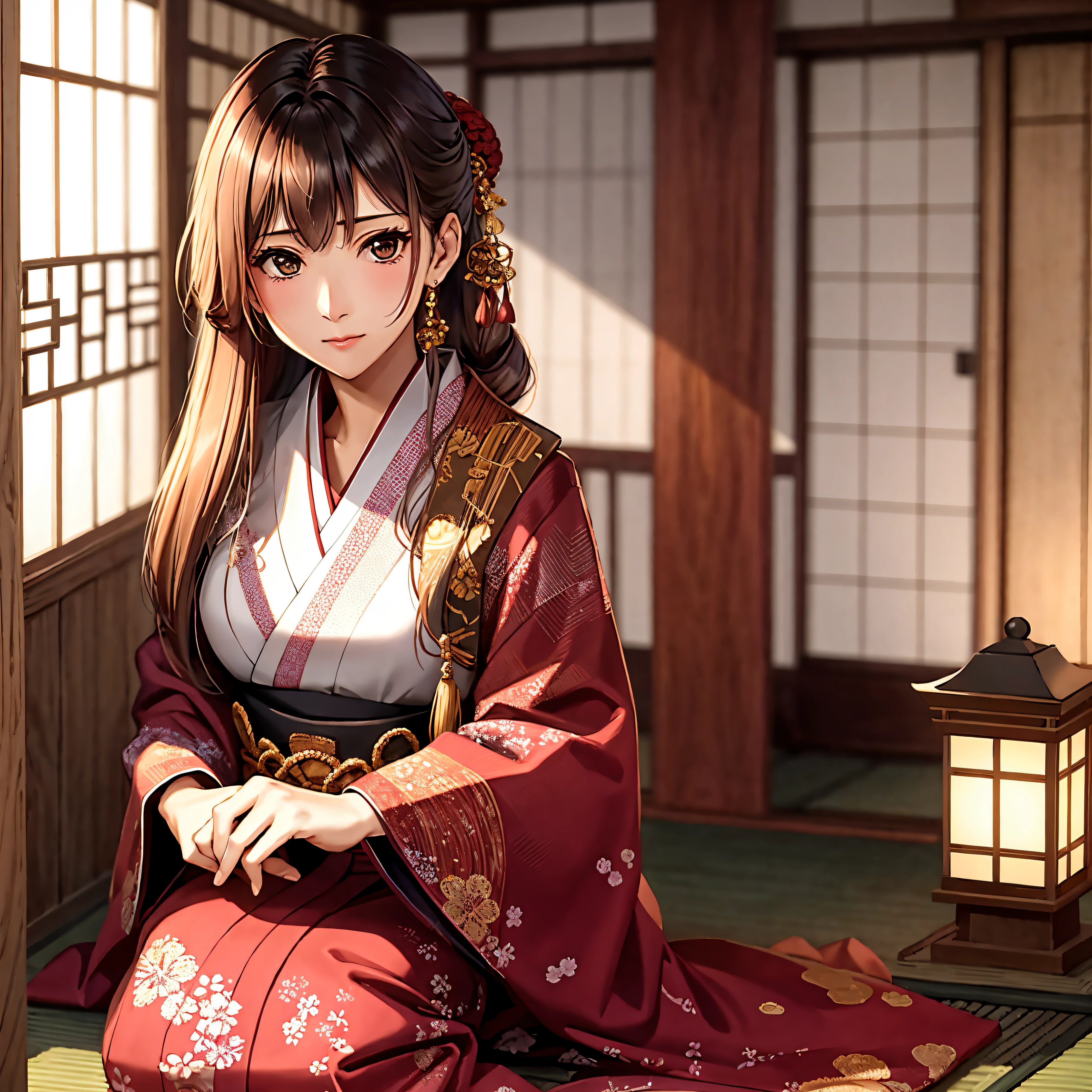 (High quality、​masterpiece、An ultra-high picture quality)、Beautiful woman with ultimate body(Beautie、real looking skin、Beautiful face、Beautiful body、Young beautiful woman、18year old)、Neat and clean girl、Variety of hairstyles、Wearing a white kimono and red hakama、Red hair laces、Japanese-style room of the shrine、Tatami room at the shrine、Patterned bra、disheveled clothing、Inviting gaze、Bewitching look、Styling hair by hand、Various gestures、The whole picture、The whole body、