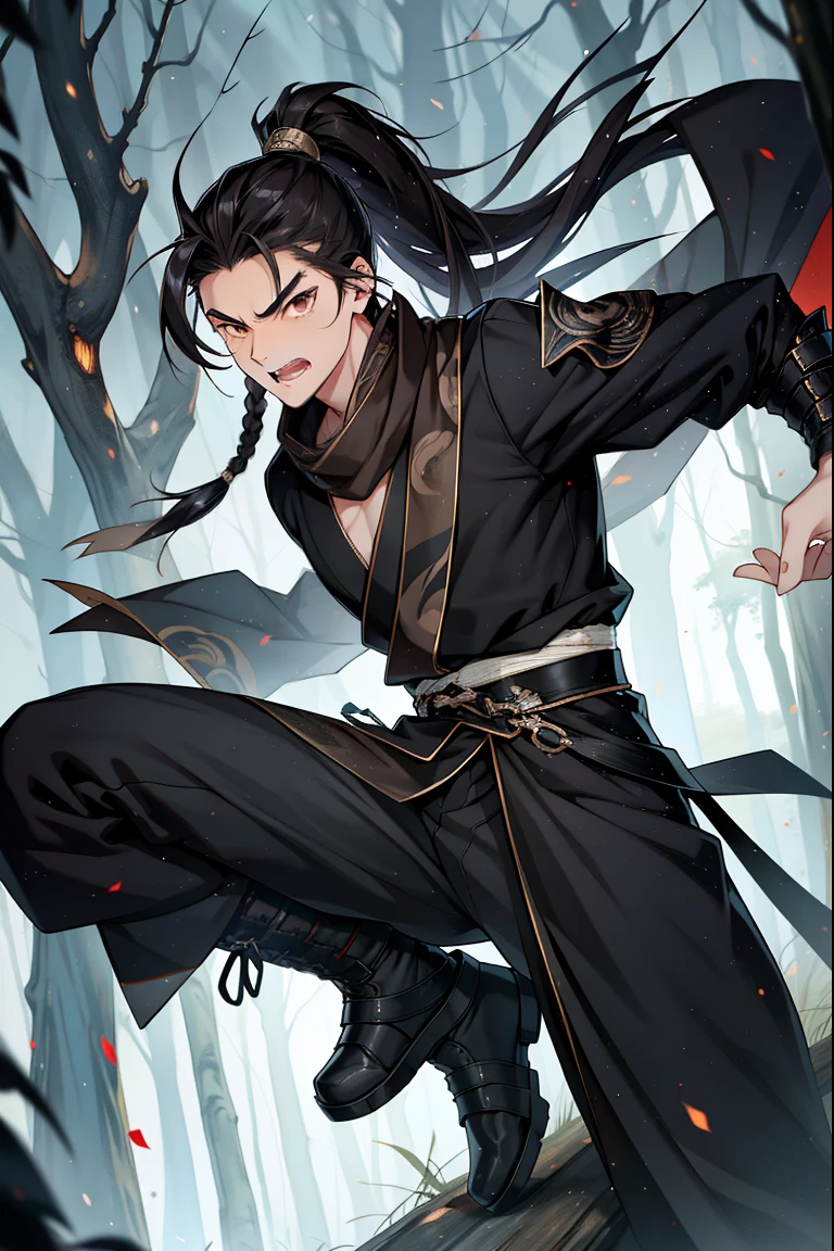 A teenager, Black Hanfu, jogging，horrified expression，Long black hair and high ponytail, Brown eyes，Black scarf，leather clothes，clothes details，Expression details，（jumpping），leap，boots，natta，starrysky，rays of moonlight，asian forest，natta，darkly，Best quality，16k,tmasterpiece，