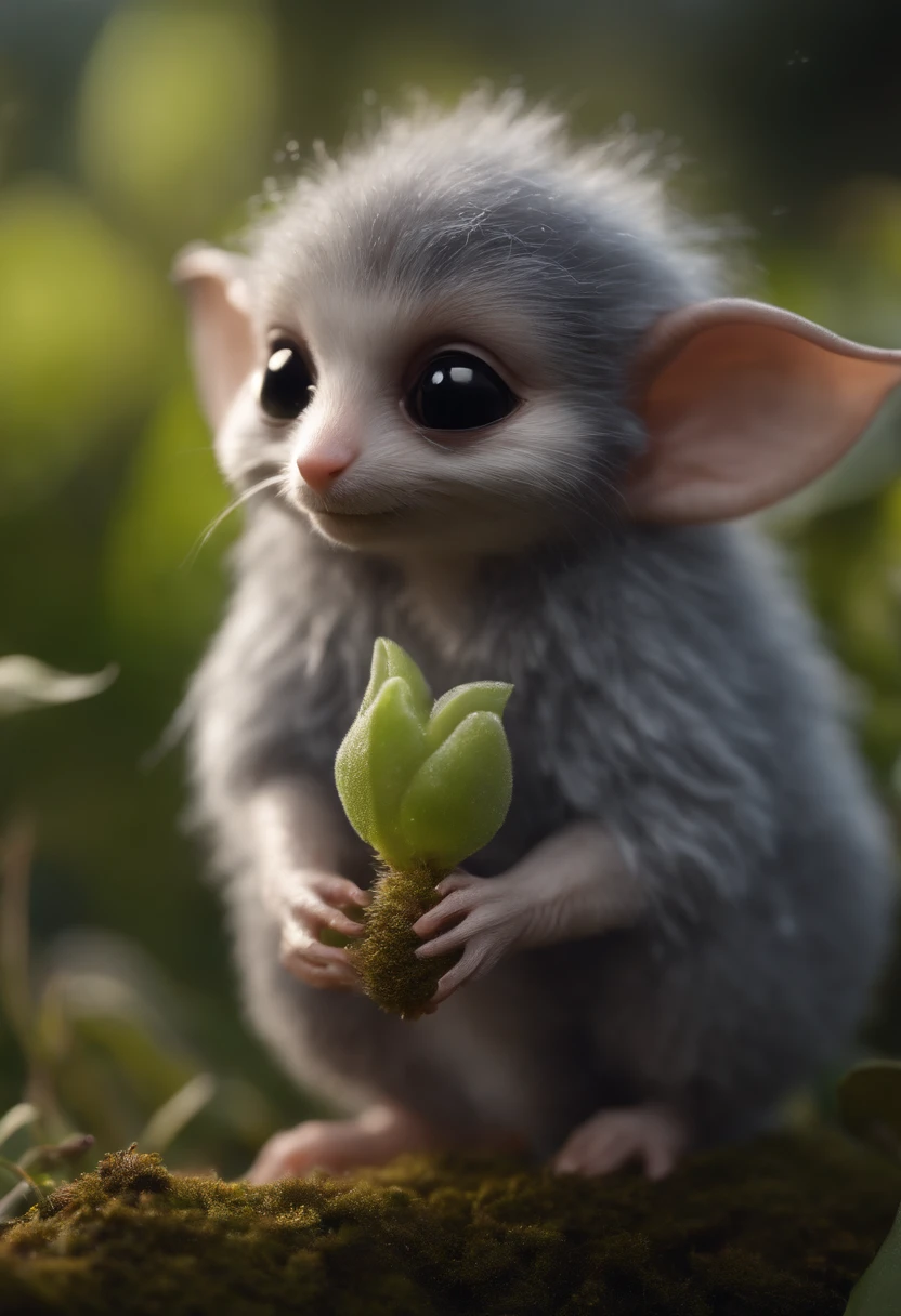 Tiny gremlin that looks like a mole, large ears, tiny tail, elongated nose, A fluffy, silver fur, silver wool, dressed in kaftan, early morning, standing on the root of a tree catching drops of luminous dew in the bud of a bell flower