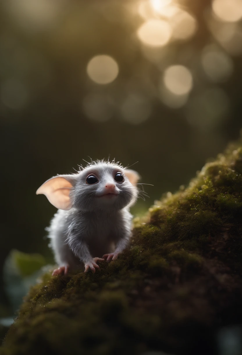 Tiny gremlin that looks like a mole, large ears, tiny tail, elongated nose, A fluffy, silver fur, silver wool, dressed in kaftan, early morning, standing on the root of a tree catching drops of luminous dew in the bud of a bell flower