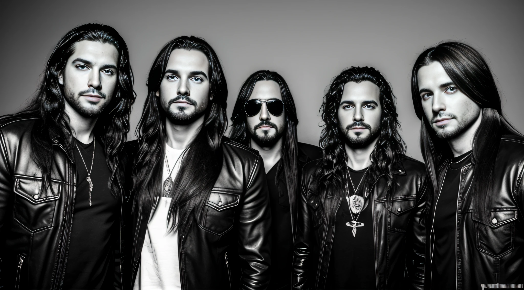 a black and white photo of three men with long hair. rock n roll