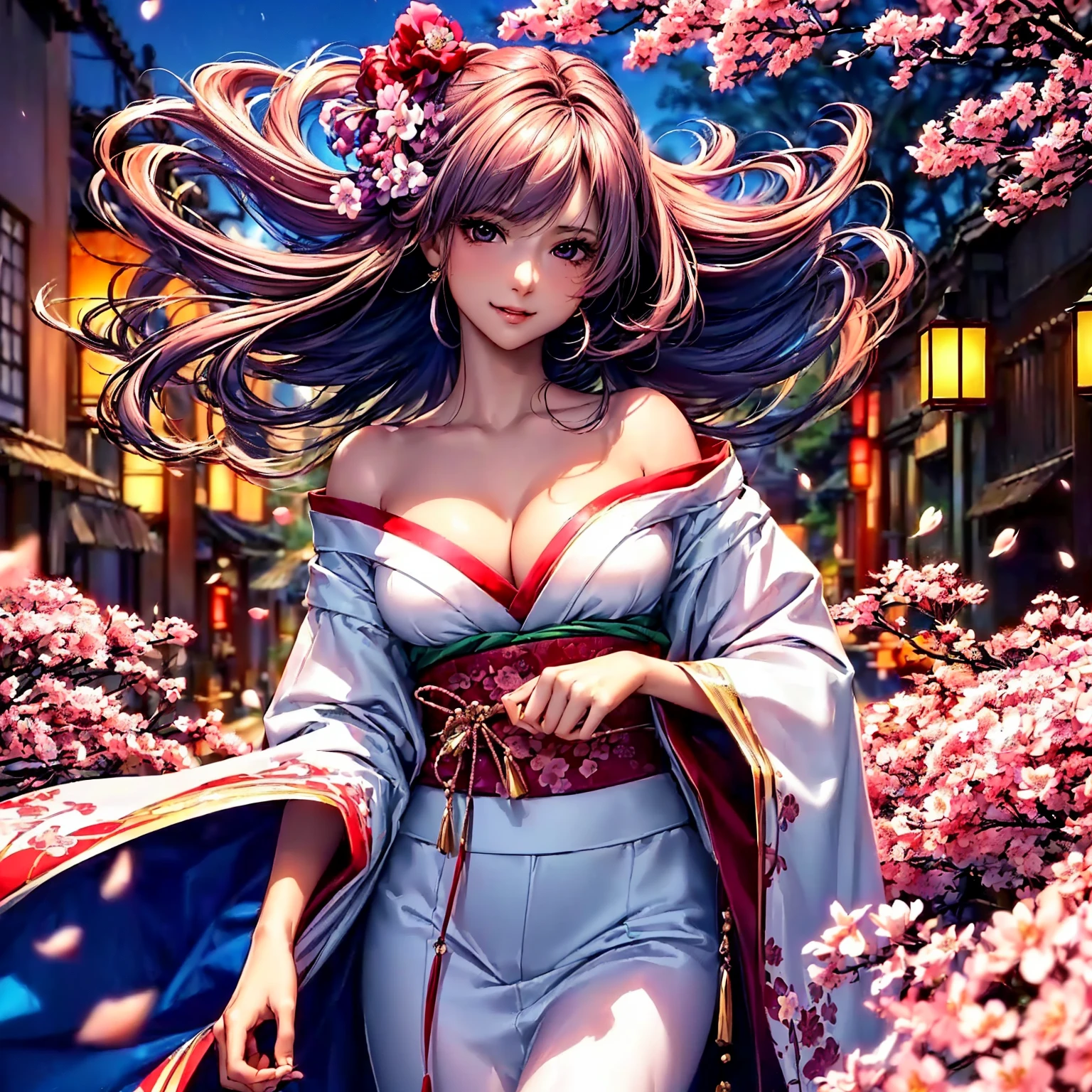 ((worst quality, low quality)), ((Close-up)), (with a girl:1.2), (big breasts), (black haired, shortcut:1.3), (dynamic pose:1.2),plump and glossy lips, beautiful clear eyes, (best smile), spoken heart, (perfect hands:1.2), (red and pink theme:1.4), (Japanese courtesan with a girl:1.3), (Comes with maxi length red kimono [pink] heart:1.4), (Highly detailed and colorful embroidery and fancy patterns:1.3), (off shoulder:1.4), (ability:1.2), (flashy hair ornament:1.3), ((super huge ribbon:1.2) in front of your waist:1.3), low angle shot, (The dazzling setting sun, Sunset sky:1.4), (cherry tree background:1.2), (Cherry blossoms in the four corners like a frame:1.2), highest quality,super detailed, masterpiece,