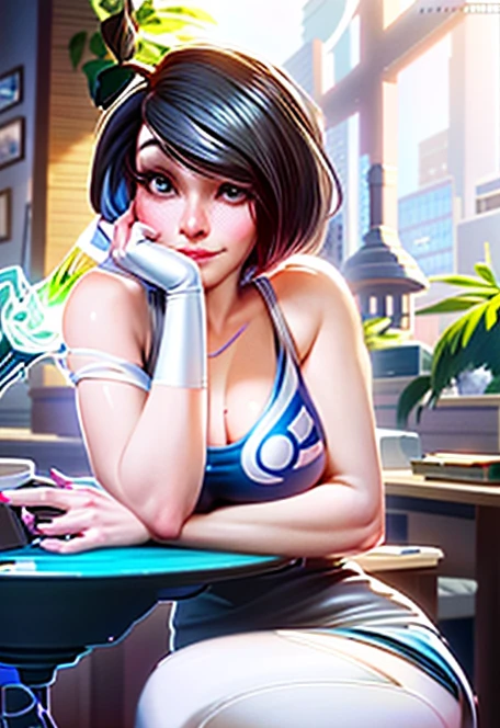 a woman sitting at a table with a laptop computer on her lap, artgerm and lois van baarle, orianna, lois van baarle and rossdraws, lovely brigitte from overwatch, style artgerm, fiora from league of legends, inspired by Lois van Baarle, faye valentine, cyborg merchant girl, artgerm style