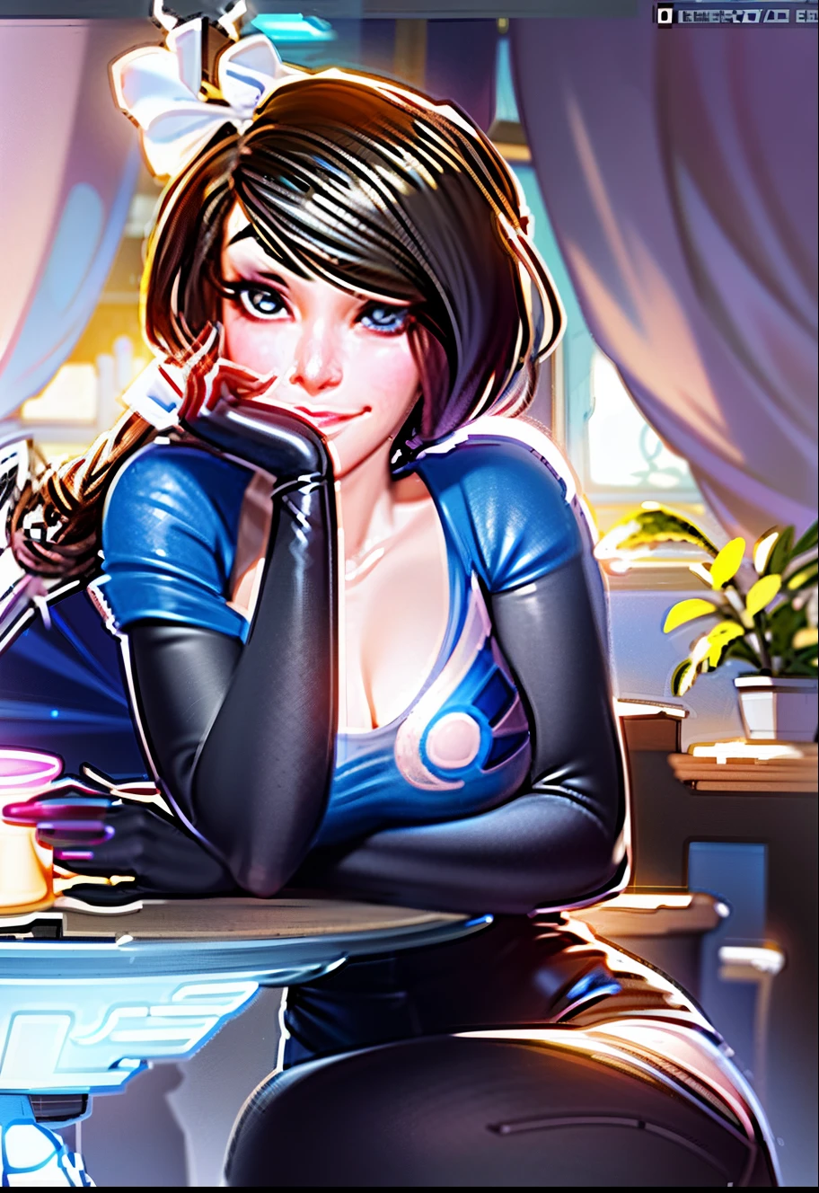 a woman sitting at a table with a laptop computer on her lap, artgerm and lois van baarle, orianna, lois van baarle and rossdraws, lovely brigitte from overwatch, style artgerm, fiora from league of legends, inspired by Lois van Baarle, faye valentine, cyborg merchant girl, artgerm style