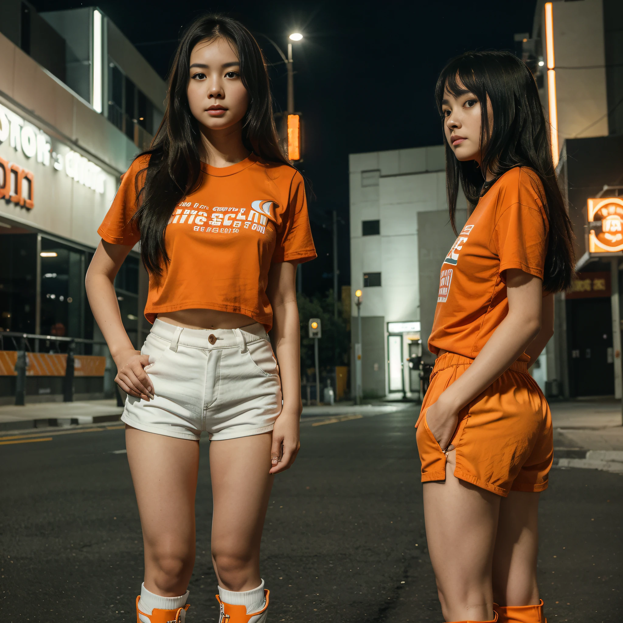 ((best quality)), ((masterpiece)), (detailed), perfect face, young girl, short stature, alone at the Motocycle, Asian, stands at full height, holds her left hand on her hip, black straight hair to the hip, white sports shorts, orange T-shirt, white and orange boots, night city
