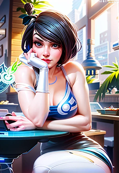 a woman sitting at a table with a laptop computer on her lap, artgerm and lois van baarle, orianna, lois van baarle and rossdraws, lovely brigitte from overwatch, style artgerm, fiora from league of legends, inspired by Lois van Baarle, faye valentine, cyborg merchant girl, artgerm style