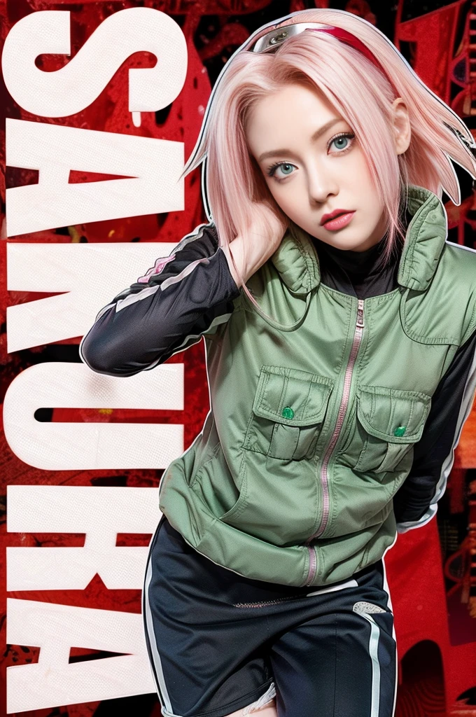 young woman, porcelain skin, long bubblegum pink hair, big pink lips, big emerald green eyes, pink eyebrows, red clothes, Sakura Haruno, 3d, realism, 8k