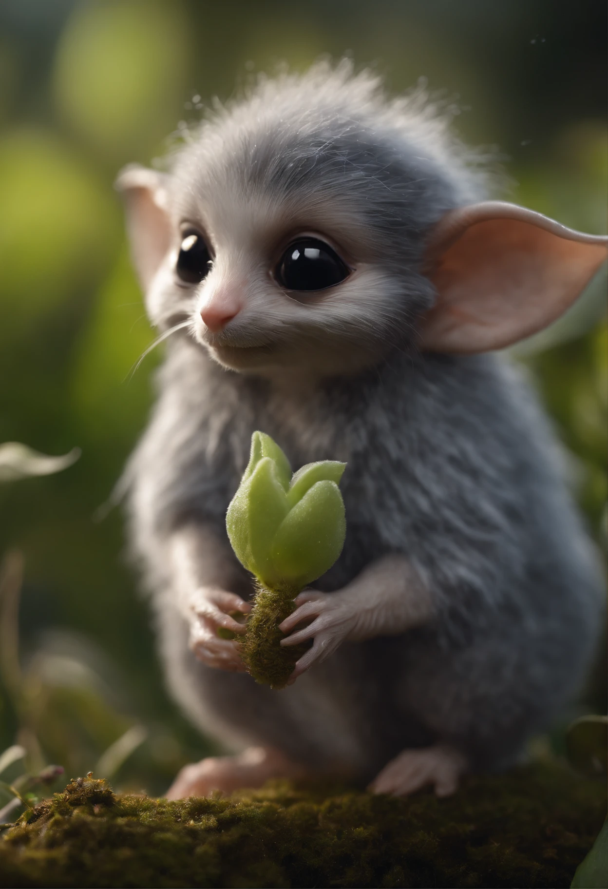 Tiny gremlin that looks like a mole, large ears, tiny tail, elongated nose, A fluffy, silver fur, silver wool, dressed in kaftan, early morning, standing on the root of a tree catching drops of luminous dew in the bud of a bell flower