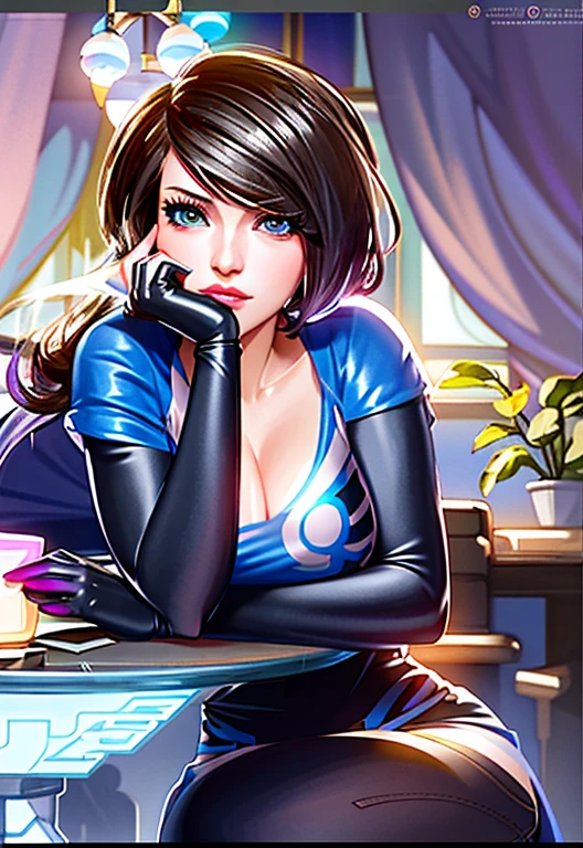 a woman sitting at a table with a laptop computer on her lap, artgerm and lois van baarle, orianna, lois van baarle and rossdraws, lovely brigitte from overwatch, style artgerm, fiora from league of legends, inspired by Lois van Baarle, faye valentine, cyborg merchant girl, artgerm style