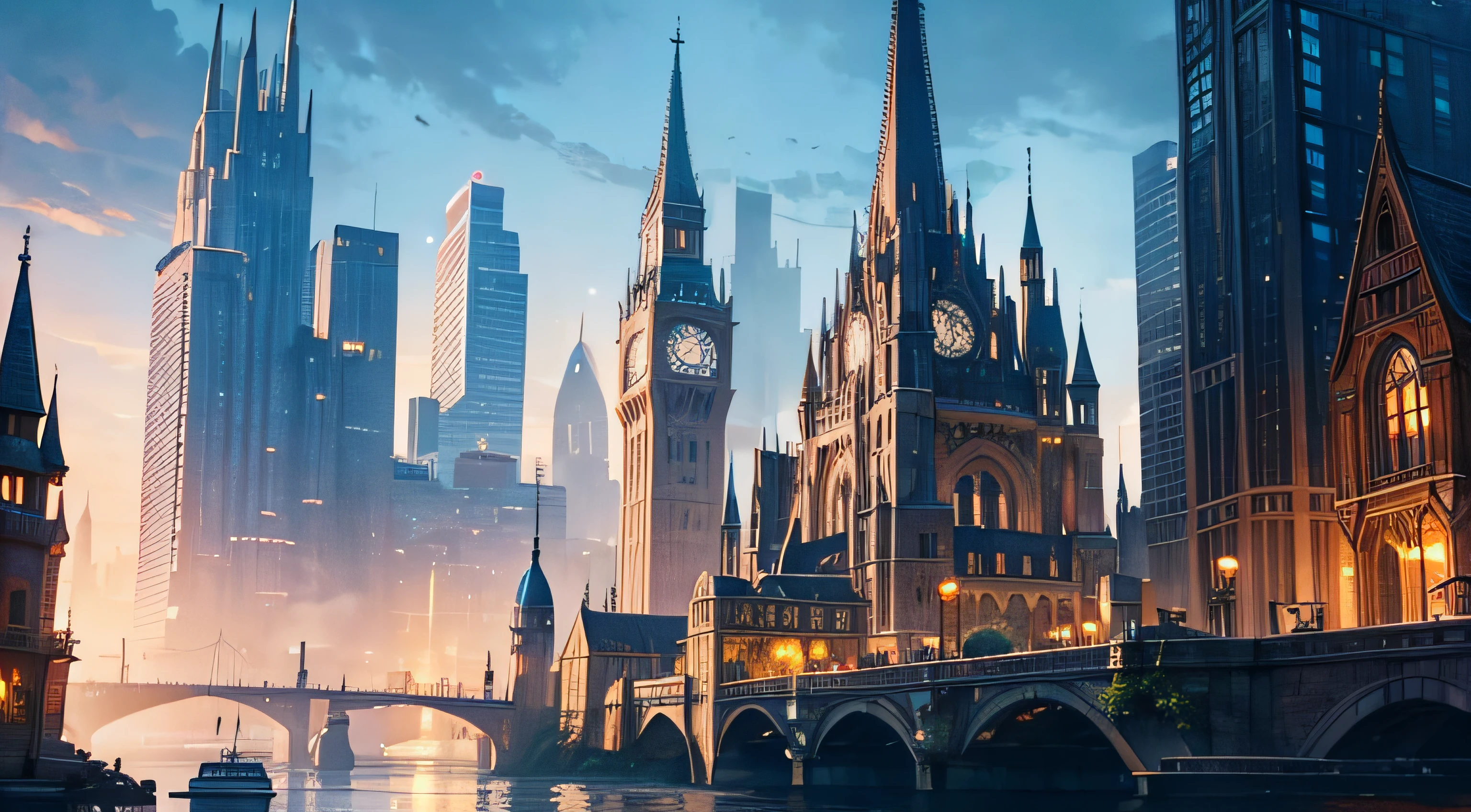 fantasy magic, city on the water, mystic, sci-fi magic, early morning, mix of modern and old buildings