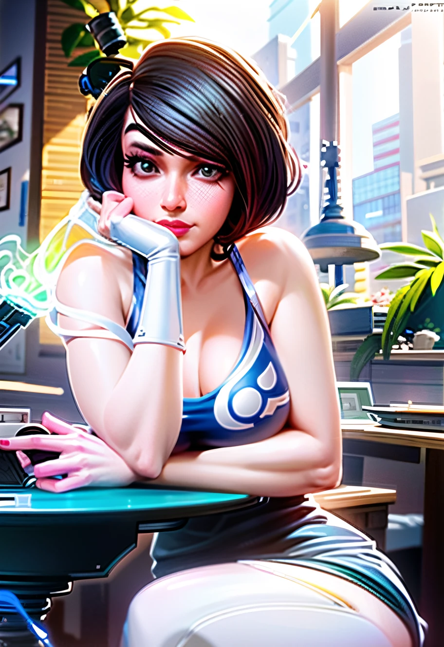 a woman sitting at a table with a laptop computer on her lap, artgerm and lois van baarle, orianna, lois van baarle and rossdraws, lovely brigitte from overwatch, style artgerm, fiora from league of legends, inspired by Lois van Baarle, faye valentine, cyborg merchant girl, artgerm style