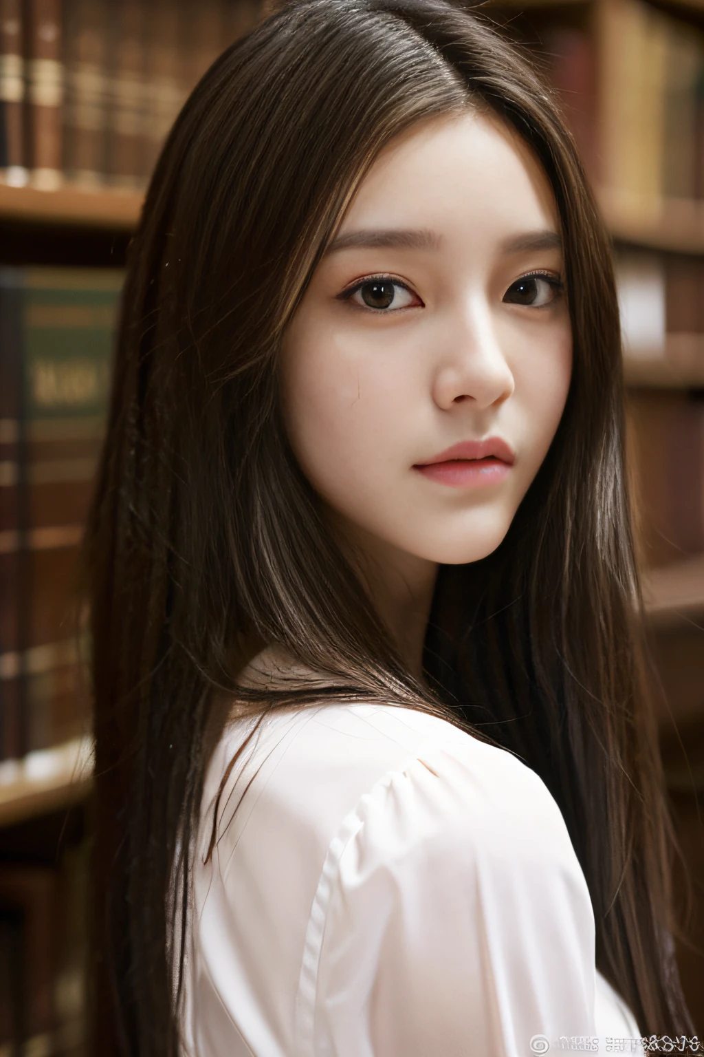 Pailiu Exotic Supermodel Photorealistic with Full Detailed Eyes, White shirt from the Harvard Library, Long wavy hair:1.2, Slender body. Exotic supermodel in her 25s with full eyes, Perfect face, Brown detailed hair, Detailed face and detailed body, Detailed skin, pores, Cinematic, Octane Rendering, Japanese Pop