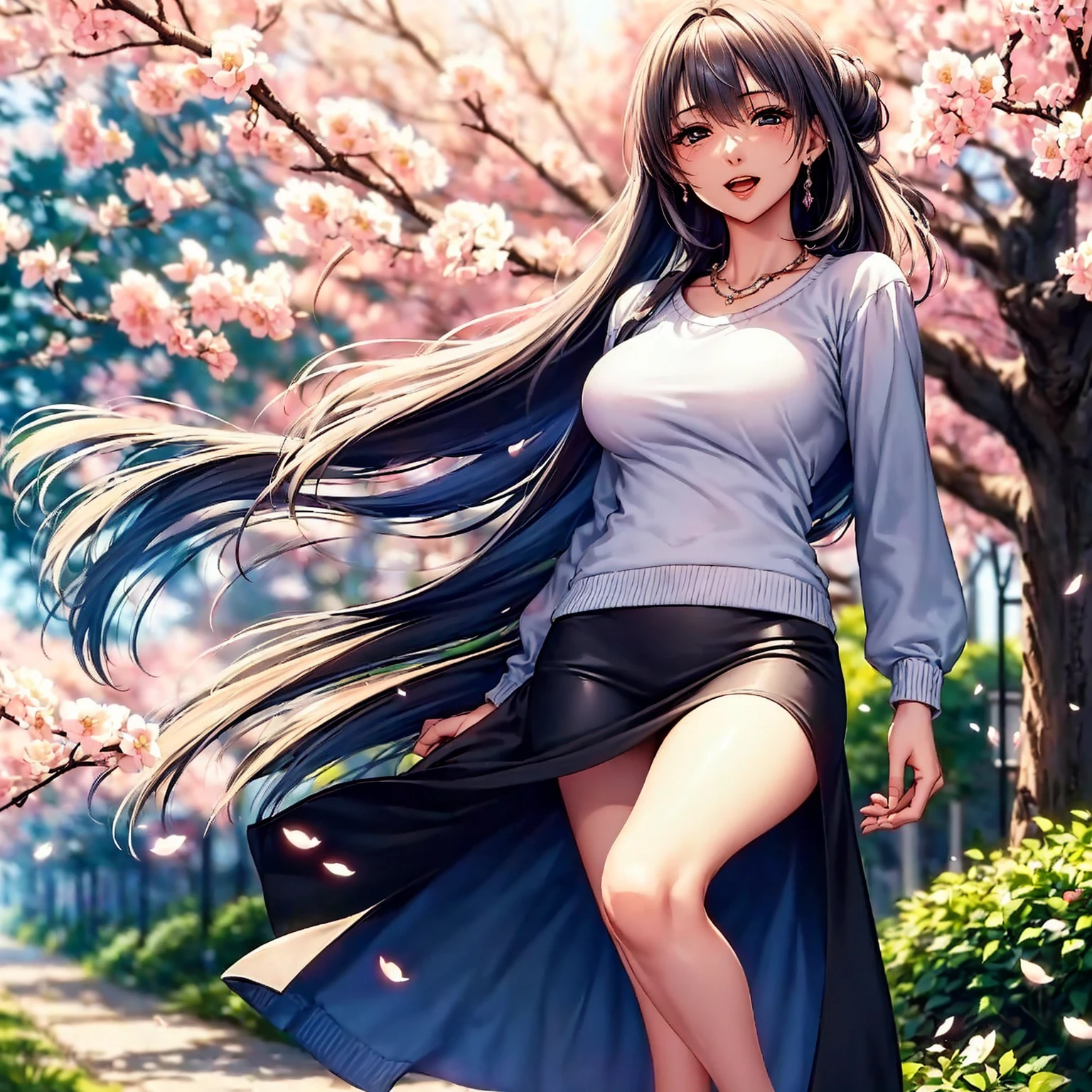 (top quality picture、masterpiece level、very high res、An ultra-high picture quality、High quality pixels)、(1girl in,She is a very beautiful woman、and she is 20 years old、1 person、Single、Beautiful beauties,Beautiful face written in detail,Beautiful body,Strong-willed eyes,beautidful eyes,Beautiful hair,Beautiful skin texture,Beautiful hair quality)、(Slender body and beautiful breasts)、(Lovely smile,Open mouth)、(Wearing a long-sleeved sweater,1 diamond necklace,wearing miniskirt,Wearing clothes that expose the shoulders,Beautiful legs are visible,adult lady),(A path lined with flourishing cherry blossom trees,The wind is blowing,Styling hair by hand,wind influenced hair),(Beautiful Art Style,an animated character、The whole picture、Detailed picture、accurate anatomy、Defect-free images、extremely detailed picture、Accurate images、image perfect)、(Best Shot Photo 1.2)