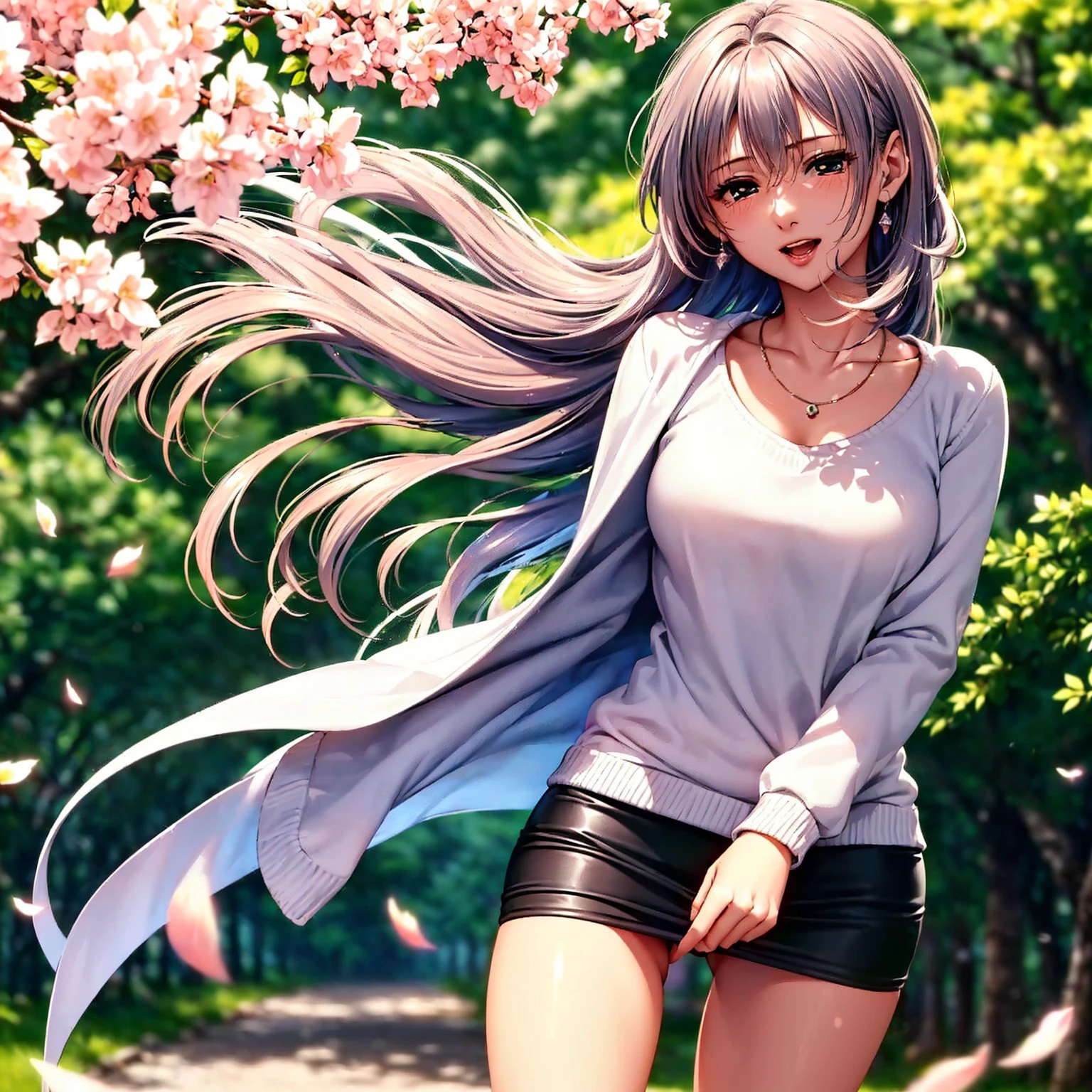 (top quality picture、masterpiece level、very high res、An ultra-high picture quality、High quality pixels)、(1girl in,She is a very beautiful woman、and she is 20 years old、1 person、Single、Beautiful beauties,Beautiful face written in detail,Beautiful body,Strong-willed eyes,beautidful eyes,Beautiful hair,Beautiful skin texture,Beautiful hair quality)、(Slender body and beautiful breasts)、(Lovely smile,Open mouth)、(Wearing a long-sleeved sweater,1 diamond necklace,wearing miniskirt,Wearing clothes that expose the shoulders,Beautiful legs are visible,adult lady),(A path lined with flourishing cherry blossom trees,The wind is blowing,Styling hair by hand,wind influenced hair),(Beautiful Art Style,an animated character、The whole picture、Detailed picture、accurate anatomy、Defect-free images、extremely detailed picture、Accurate images、image perfect)、(Best Shot Photo 1.2)