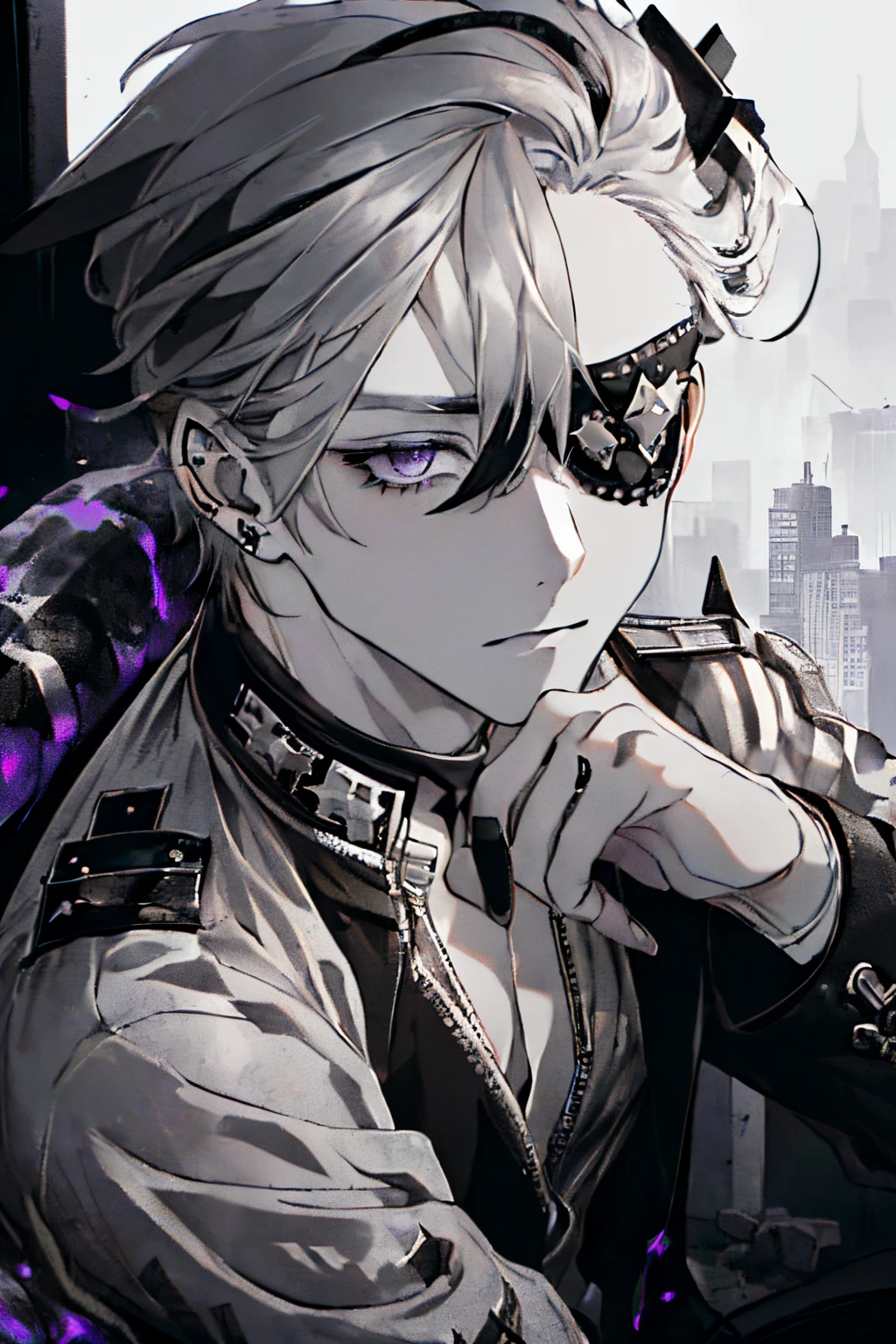 ((A ruined city full of rubble)),(After the war),((Vast landscape full of rubble)),(boy wearing tattered clothes),((Soot-stained hair mixed with silver and black)),(Lifeless eyes),((sit on the ground holding both knees)),((glare at me again)),(Mouth slightly open),((Dark purple eyes)),((Monochrome world)),((black and gray and white and brown)),,((Eyepatch studded with fine jewels)),((Eye patch for left eye)),(pov from down),(close up of face)