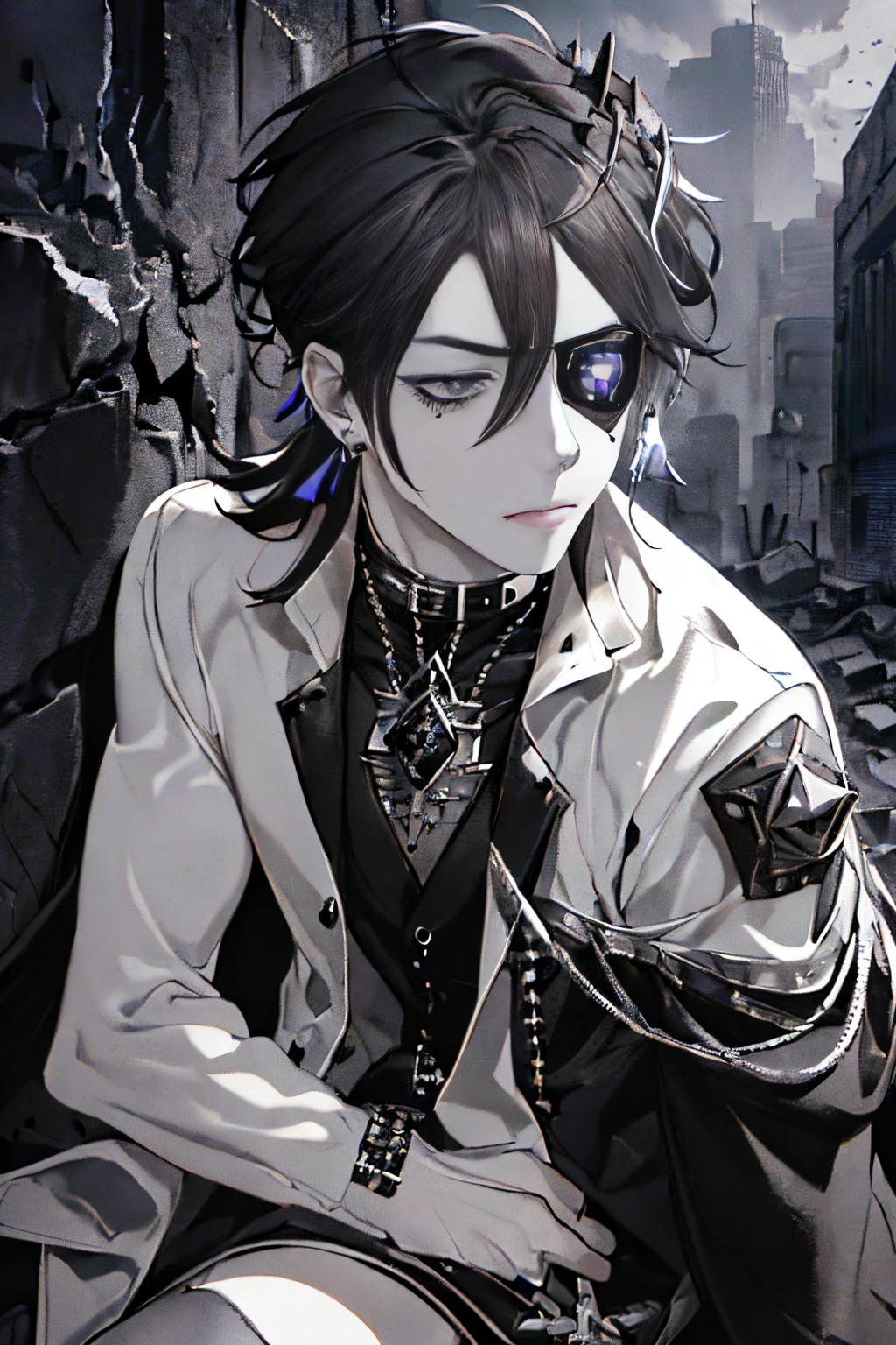 ((A ruined city full of rubble)),(After the war),((Vast landscape full of rubble)),(boy wearing tattered clothes),((Soot-stained hair mixed with silver and black)),(Lifeless eyes),((sit on the ground holding both knees)),((glare at me again)),(Mouth slightly open),((Dark purple eyes)),((Monochrome world)),((black and gray and white and brown)),,((Eyepatch studded with fine jewels)),((Eye patch for left eye)),(pov from down),(close up of face)