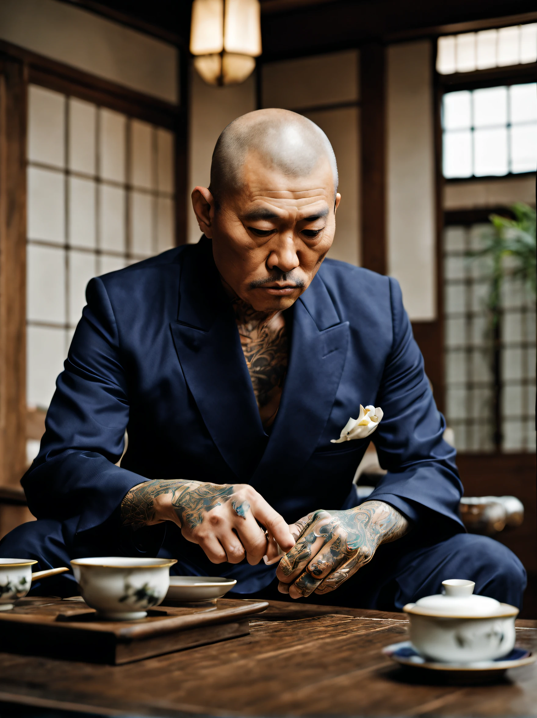 create an image of a japanese male mafia boss, violent, brutal, fierce, intimidating, irezumi tattoos, man wearing japanese navy traditional clothes, no hair, goden accessories, rolex, ryokan, there are dead branches on the long wooden bench, tea set, japanese elegant and simple small white ceramic tea set, zen elements, elegant and high-end effect, make it look textured, (full body). 70's movie style, vintage color film, (18mm lens, wide angle: 1.3)