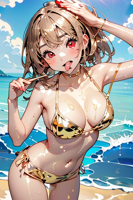 ((masterpiece、top-quality:1.5、a high chroma:1.5、ultra-detailliert、high-resolution illustrations:1.5、Ultra-high-definition CG、8k size wallpaper、offcial art))、,(cute face:1.5)、(clear face:1.3),(()),
((Shining red eyes:1.5))、(micro bikini :1.5),((metallic gold:1.5)),(erotic oil skin:1.5),(Standing:1.5), ((large breasts:1.3))、(0 pens,long tongue、stick out tongue:1.5)
,(positive:1.5),(cowboy shot:1.5)、(midsummer beach.:1.5)、girl with, masutepiece,