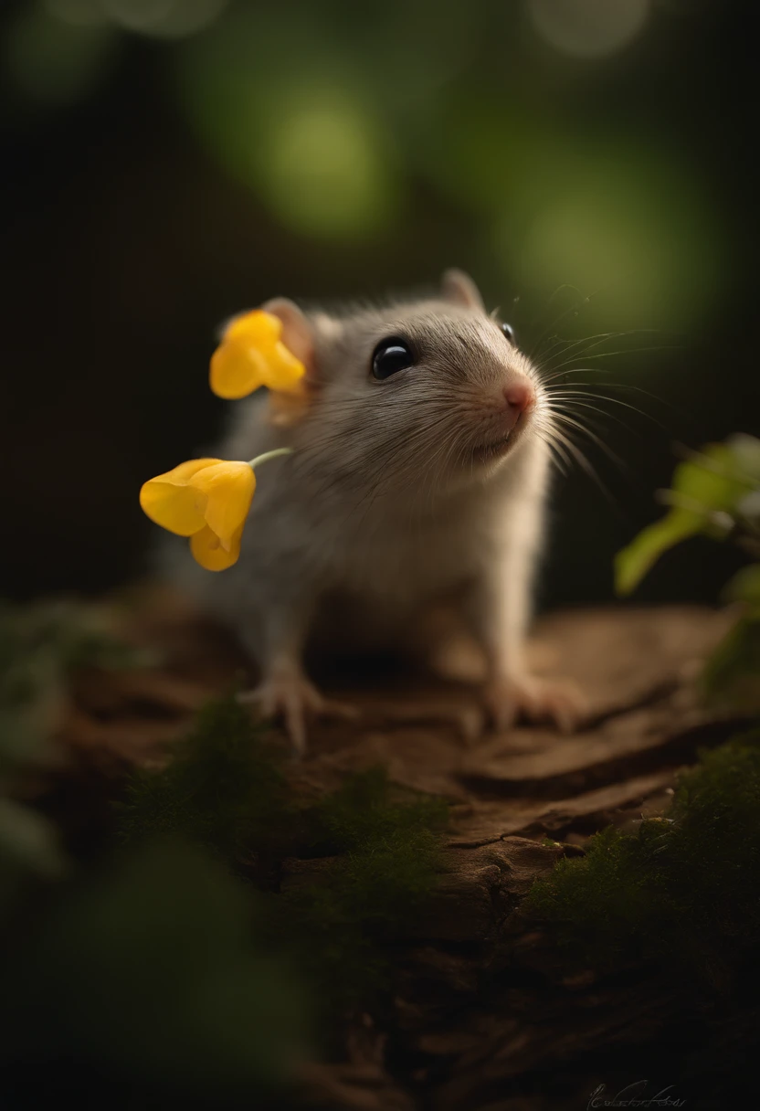 真实感, Realism, Close up of cute tiny fireflies around a huge oak tree, in the foreground collects bells, the buds glow, illuminate the bush, a detailed painting, cgsociety, Detailed painting, artstation hd, high detail, cgsociety, photo realism, Concept art, artstation hd, official arts, bokeh , ,Little gremlin, mole-like, large ears, tiny tail, elongated nose,, A fluffy, silver fur, silver wool, dressed in kaftan, early morning, I stand on the root of a tree and catch drops of luminous dew in a bell bud