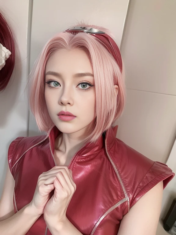 young woman, porcelain skin, long bubblegum pink hair, big pink lips, big emerald green eyes, pink eyebrows, red clothes, Sakura Haruno, 3d, realism, 8k