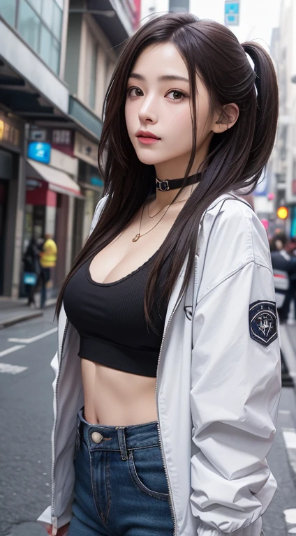 Photorealistic, masutepiece, Best Quality, Raw photo, 1girl in, Solo, Twin-tailed, Brown hair, Detailed face, alluring face, 、Punk rock fashion、耳环、a choker、Open jacket、croptop, medium breasts, Dynamic Pose, Looking at Viewer, From below, Detailed background, fine detailed, intricate detailes, Ray tracing, depth of fields, lowkey, nffsw、In the street、