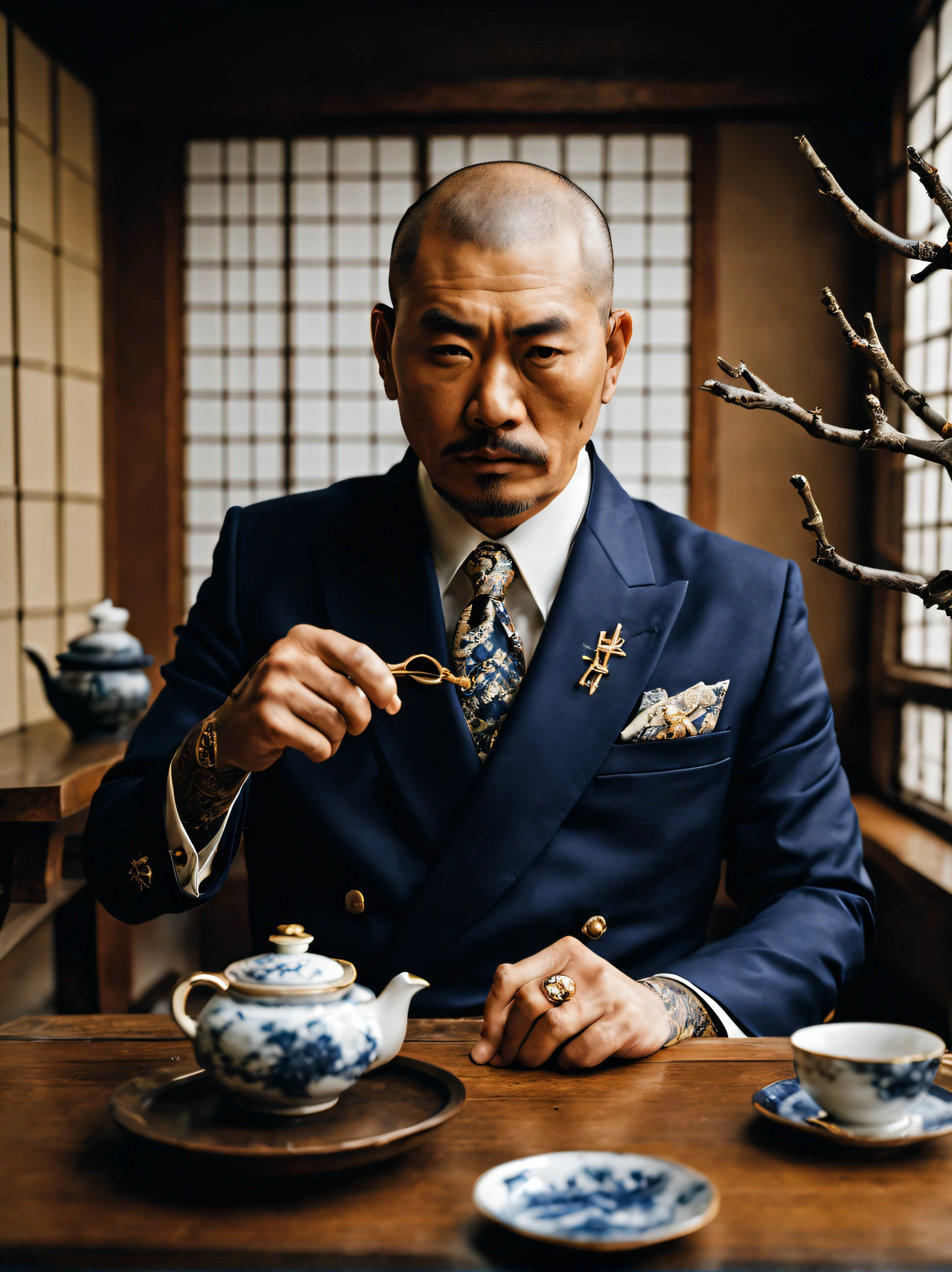 create an image of a japanese male mafia boss, violent, brutal, fierce, intimidating, irezumi tattoos, man wearing japanese navy traditional clothes, no hair, goden accessories, rolex, ryokan, there are dead branches on the long wooden bench, tea set, japanese elegant and simple small white ceramic tea set, zen elements, elegant and high-end effect, make it look textured, (full body). 70's movie style, vintage color film, (18mm lens, wide angle: 1.3)