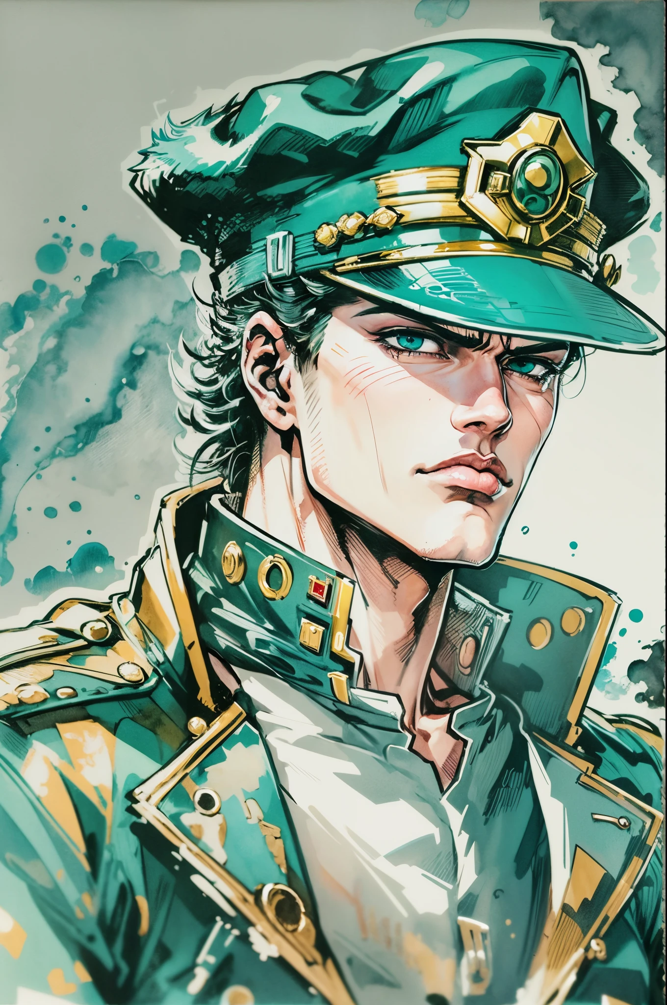 (Jotaro Kujo) Araki Hihiko's style,Zoom into face, focus onface, Blue highlights,looking at viewert, aquarelle, comic strip, Noble youth, Jojo's bizarre adventure