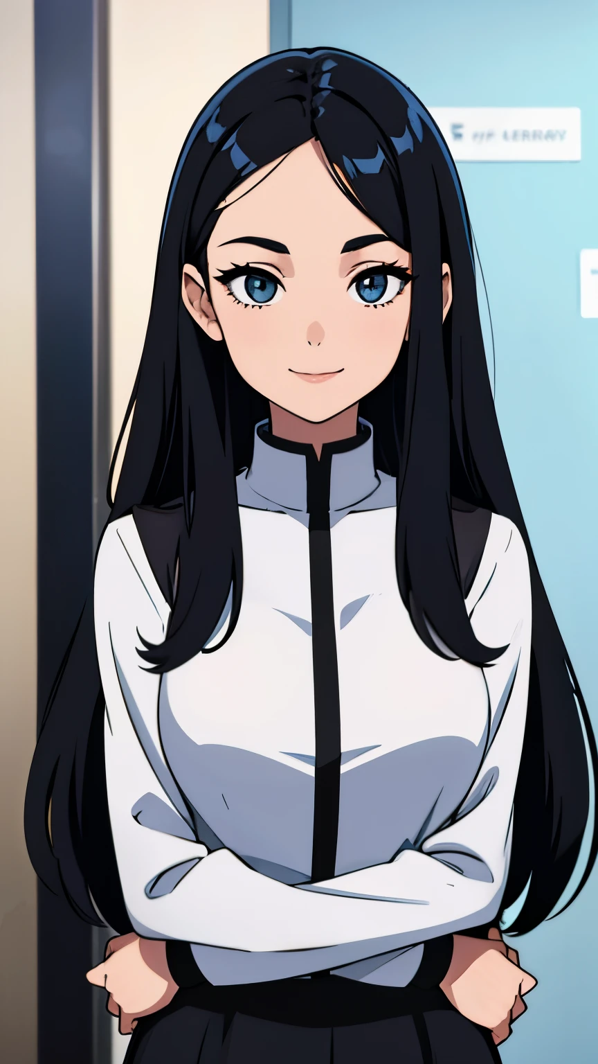 One girl with black hair, hair lenght until bust, straight hair, hair parted in center of head, round face. hairstyle with a center part, that the hair should be parted down the middle, creating a symmetrical look without any frontal hair covering the forehead.  Looking straight, looking at viewer. Smiling. Solo, one girl. Looking straight, straight. Straight pose.