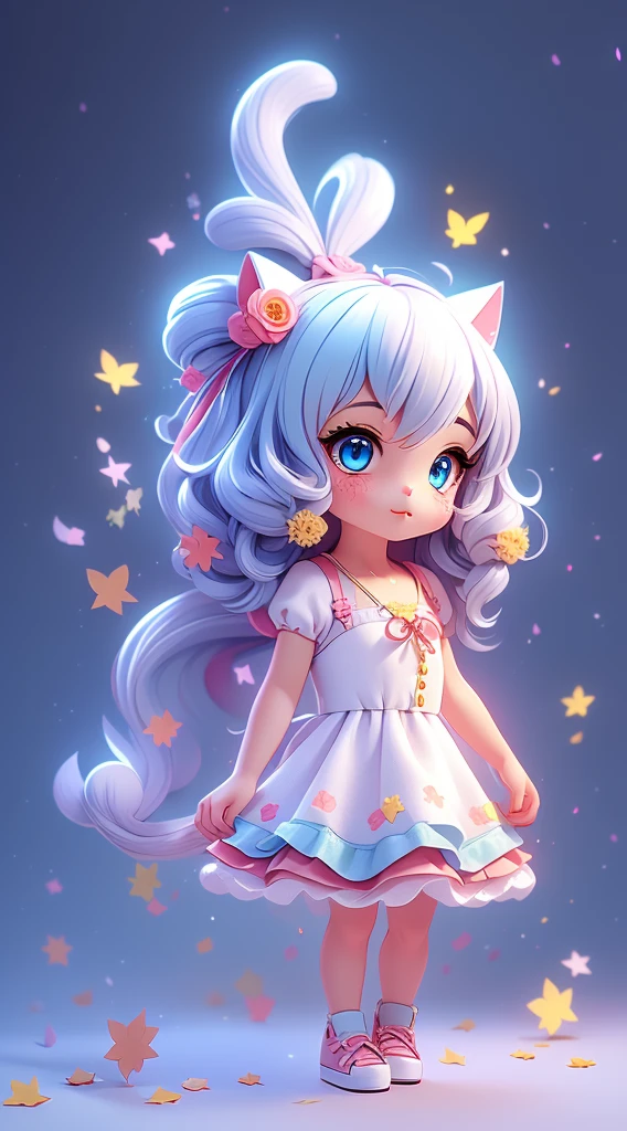 1girl, animal ears, tail, chibi, white hair, cat ears, solo, cat tail, long hair, hair ornament, cat girl, virtual youtuber, dress, blue eyes, ahoge, bow, white background, animal ear fluff, hairclip, holding