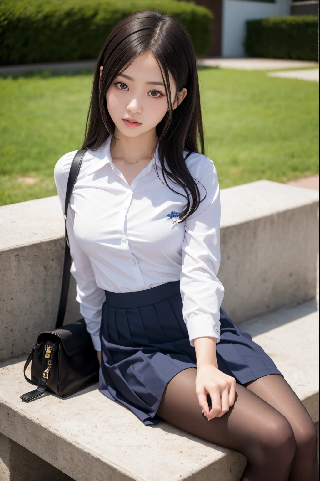 ulzzang -6500-v1.1, (Raw photo:1.2), (Photorealsitic), (Real:1.4), Classy elite girl sitting on a park bench, wearing japanese school uniform, super realistic pantyhose:1.3、japanese girl school uniform, Japan school uniform, wearing headmistress uniform, Young Pretty Gravure Idol, photograph taken in 2 0 2 0, dressed as schoolgirl, Wearing school uniform, Wearing a strict business suit, Young skinny gravure idol, Seifuku